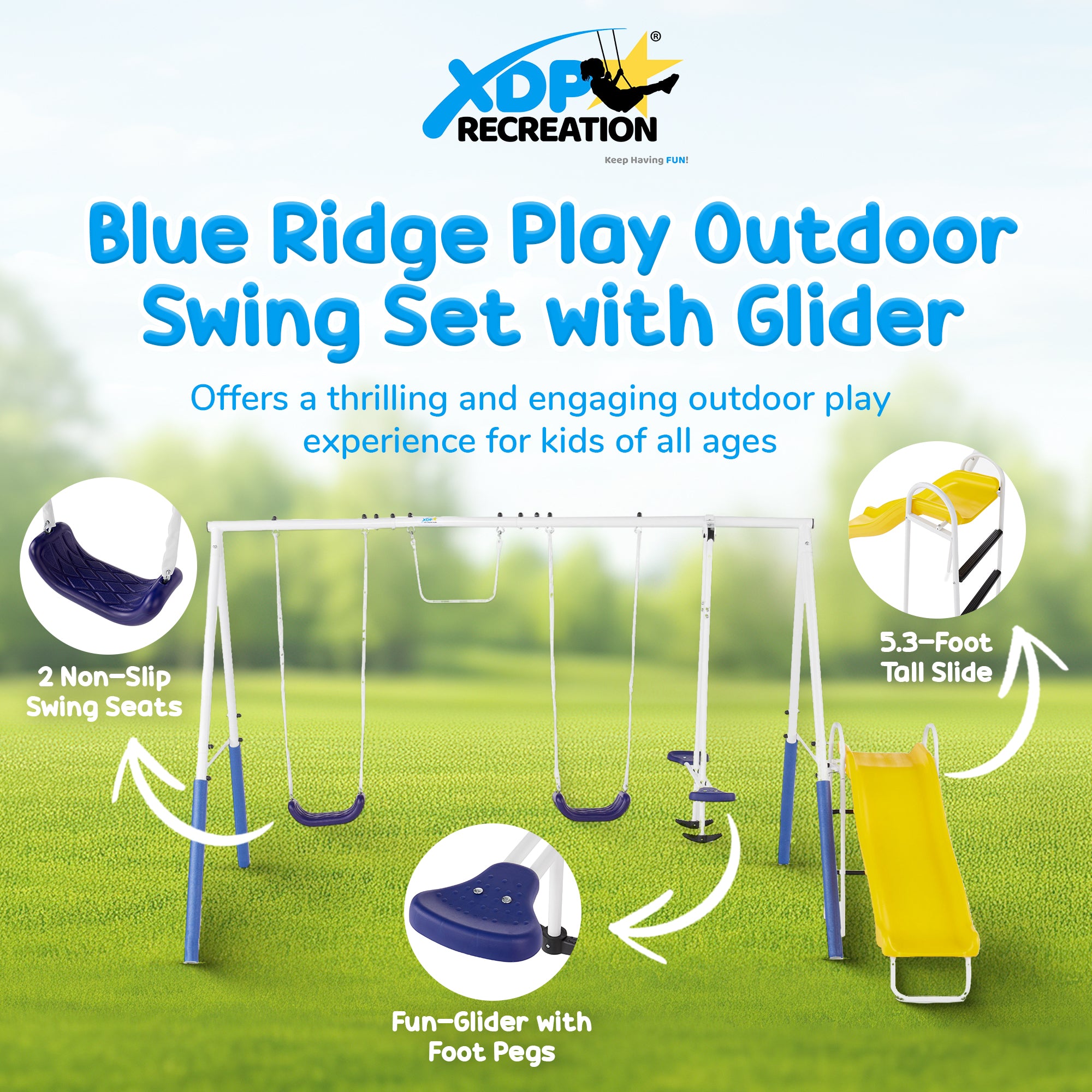 XDP Recreation Blue Ridge Play Outdoor Swing Set with Glider, 2 Swings & Slide - Smart-nests