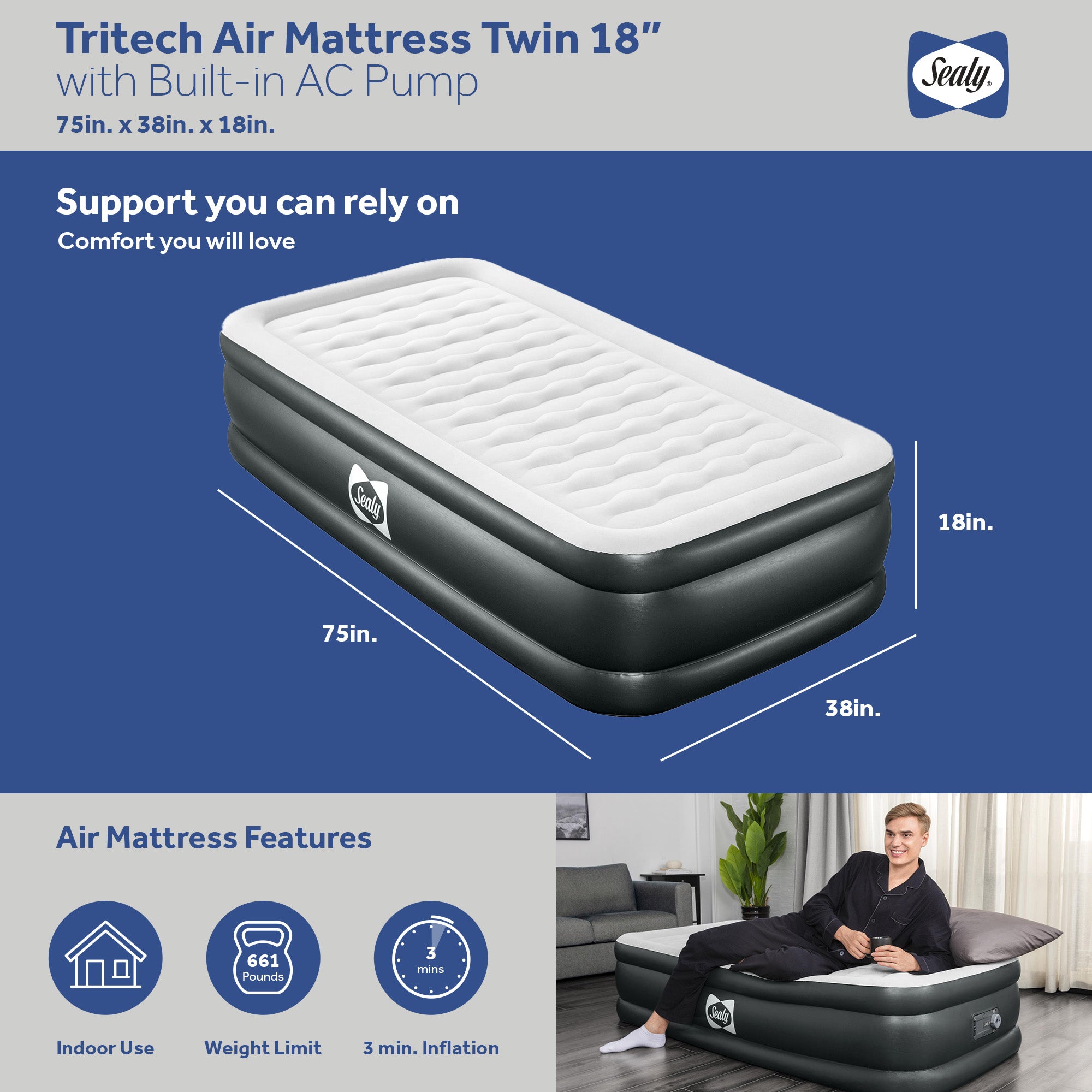 Sealy Tritech Twin Sized 18" Air Mattress Bed 2 Person w/Built-In AC Pump & Bag - Smart-nests