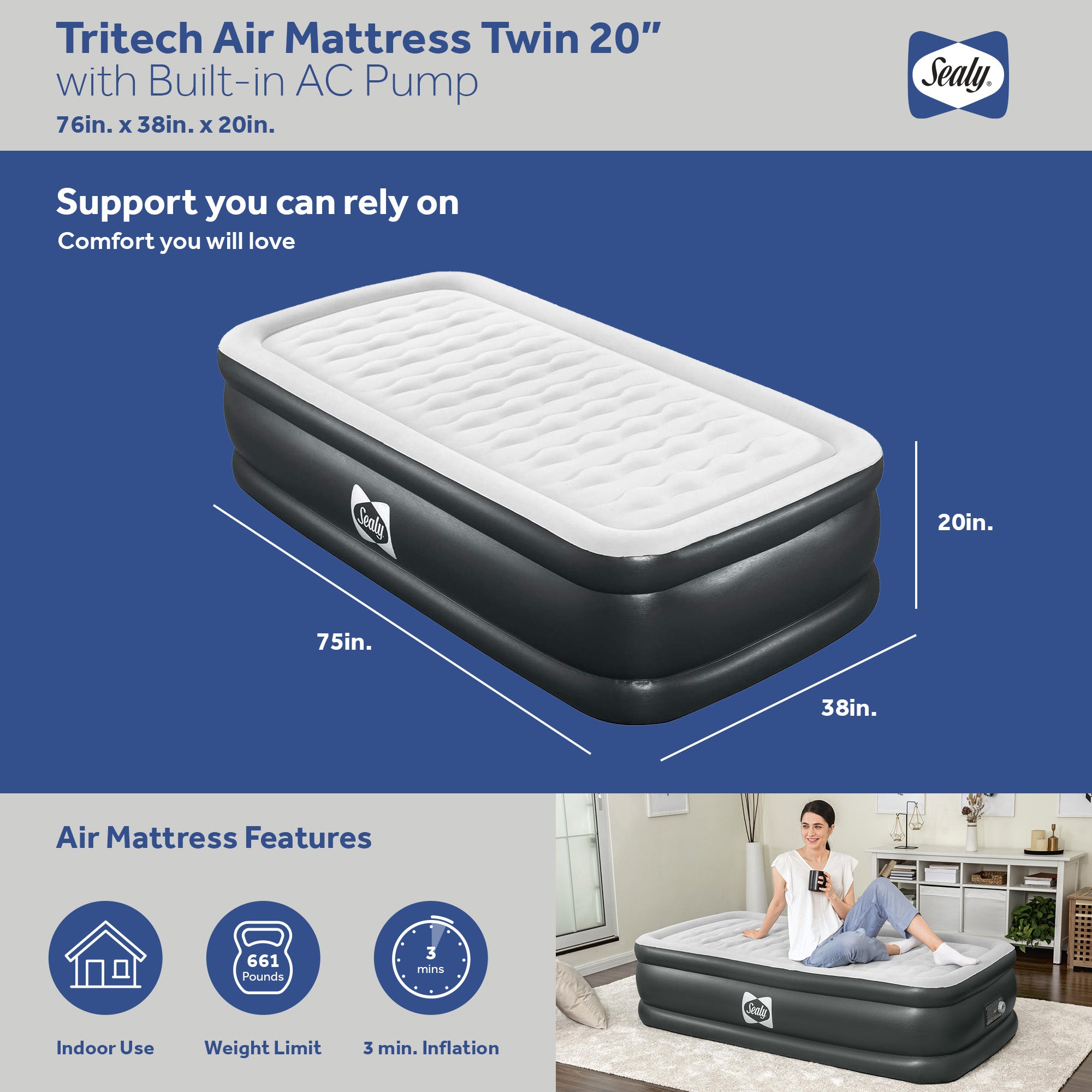 Sealy Tritech Twin Sized 20" Air Mattress Bed 2 Person w/ Built-In AC Pump & Bag - Smart-nests