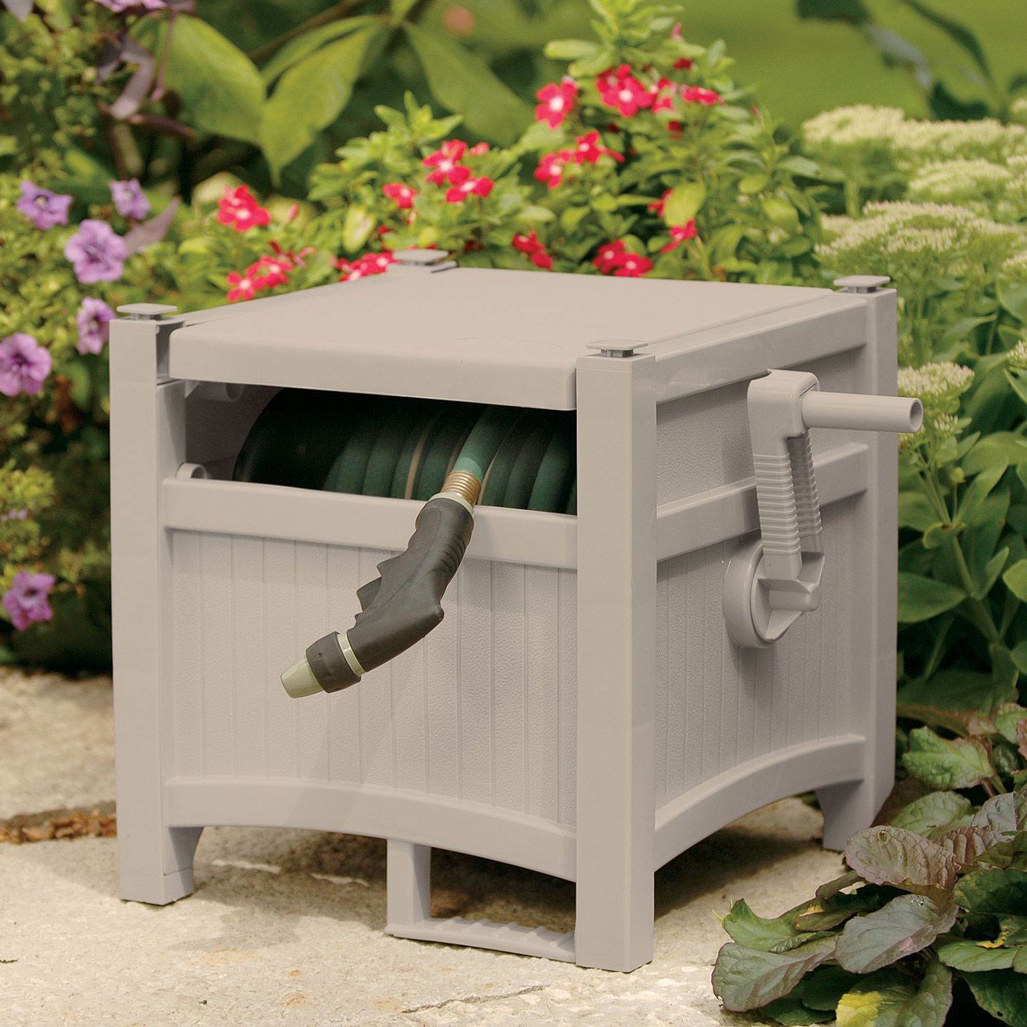 Suncast CPLPHH100D Hideaway 100' Resin Garden Hose Reel for 5/8" Hoses, Taupe - Smart-nests