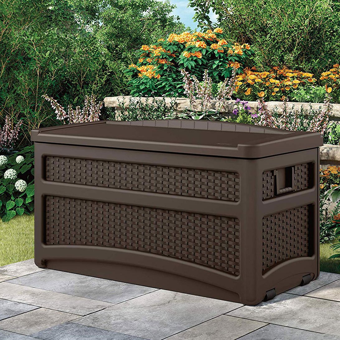 Suncast 73 Gallon Deck Box w/ Seat & Trash Hideaway Outdoor Garbage Bin, Java - Smart-nests