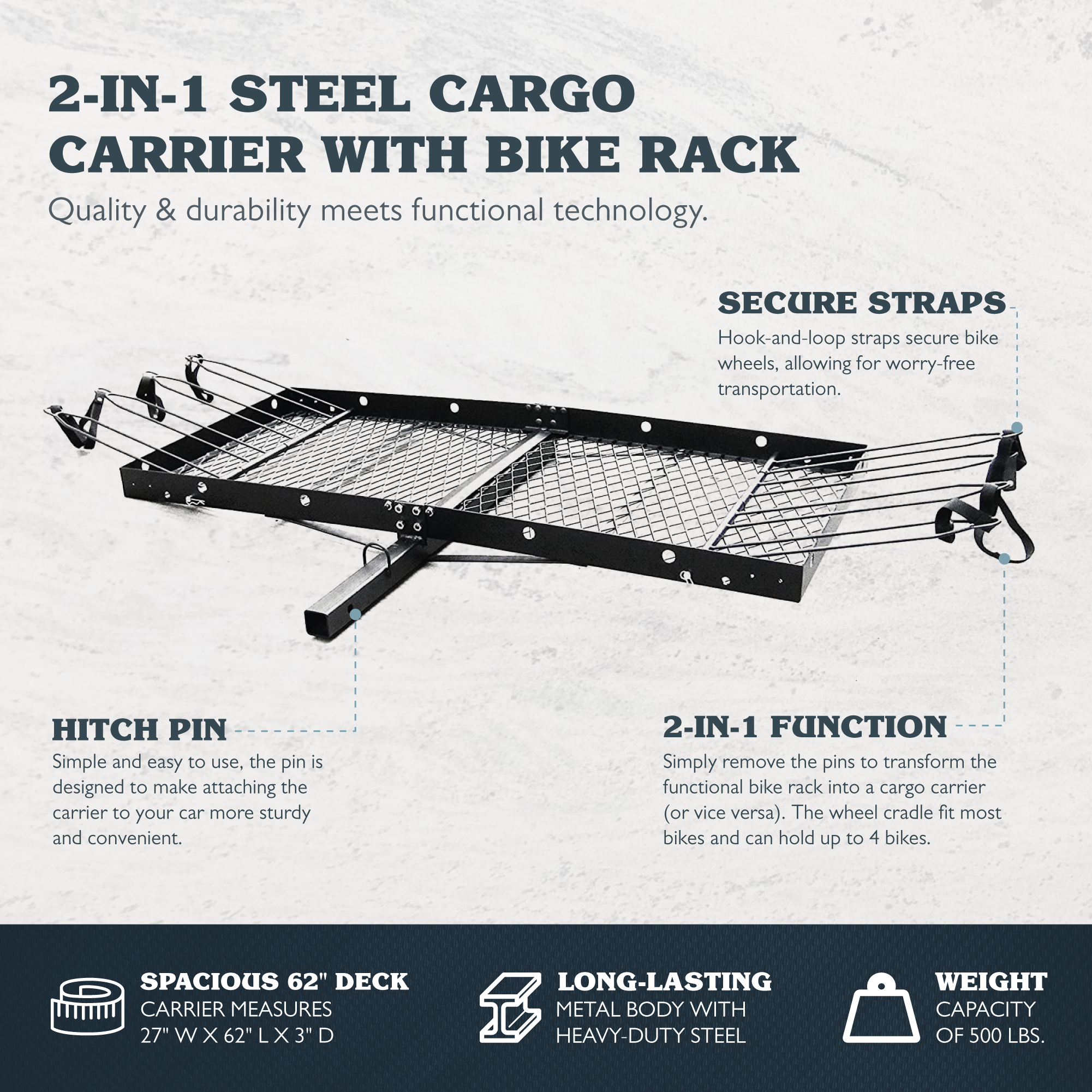 Tow Tuff 62 Inch Steel Cargo Carrier and Bike Rack, Fits All 2 Inch Receivers - Smart-nests