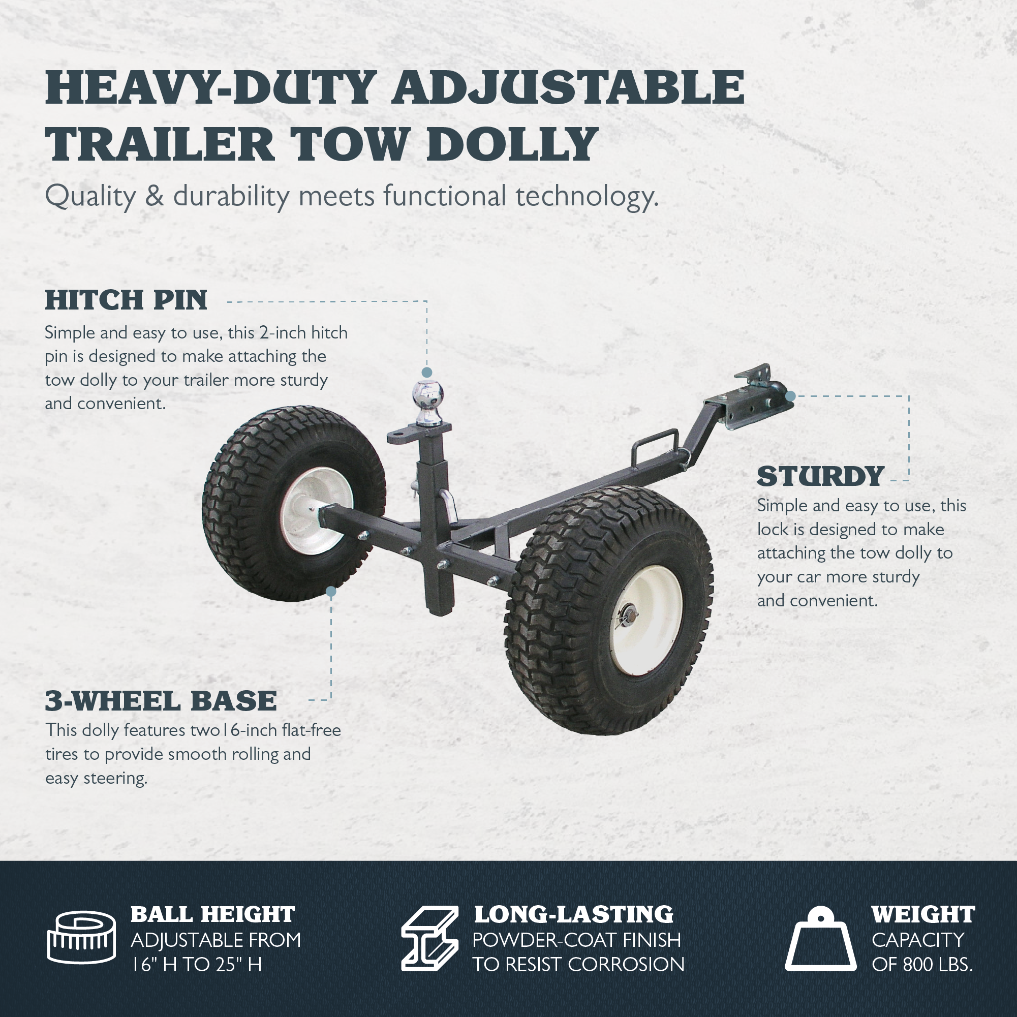 Tow Tuff TMD-800ATV Adjustable Solid Steel 800 Pound Capacity Trailer Dolly - Smart-nests