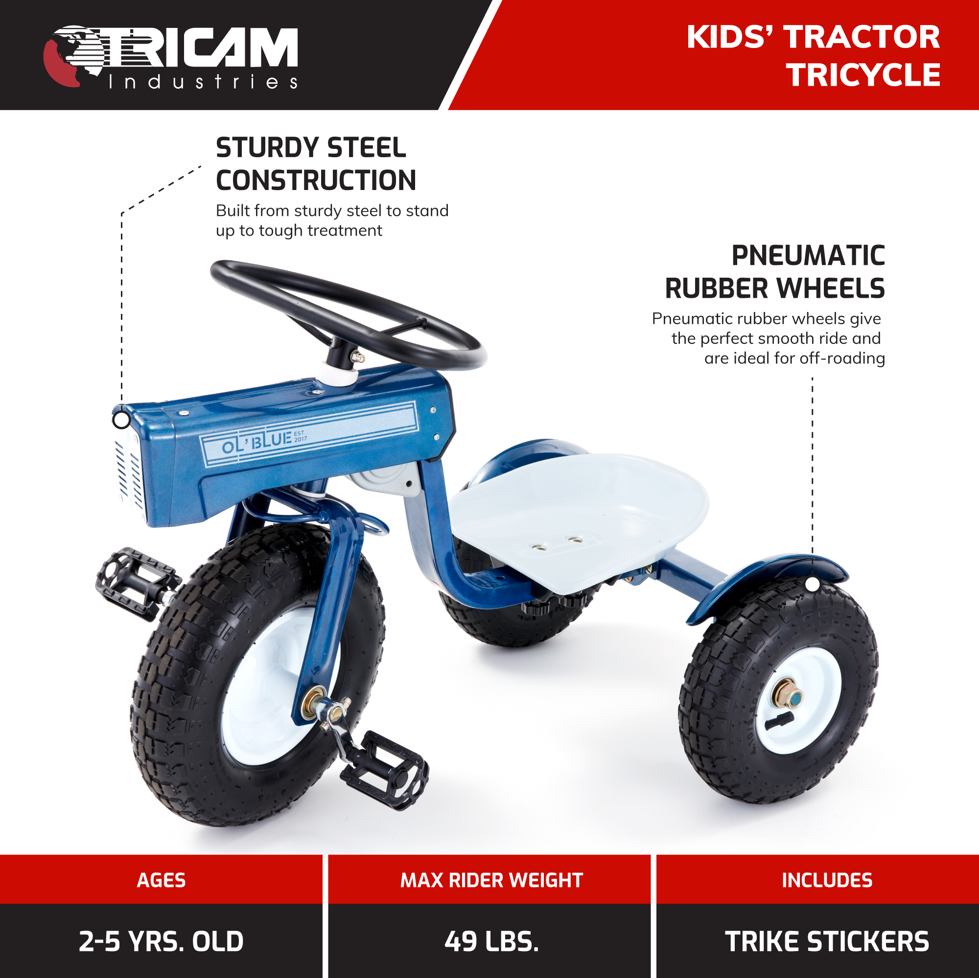 Tricam Ol' Blue Tractor Tricycle, 22" Steel Toddler Bike Kids Ride On Toy, Blue - Smart-nests