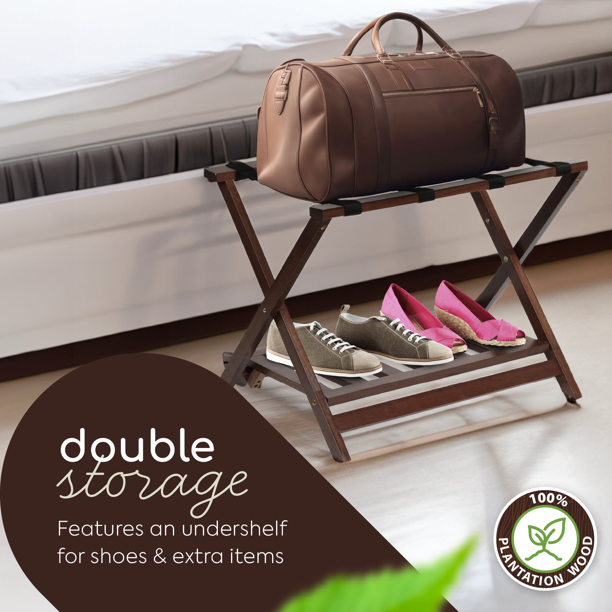 PJ Wood Hotel Style Wood Home Folding Suitcase Luggage Rack with Shelf, Walnut - Smart-nests
