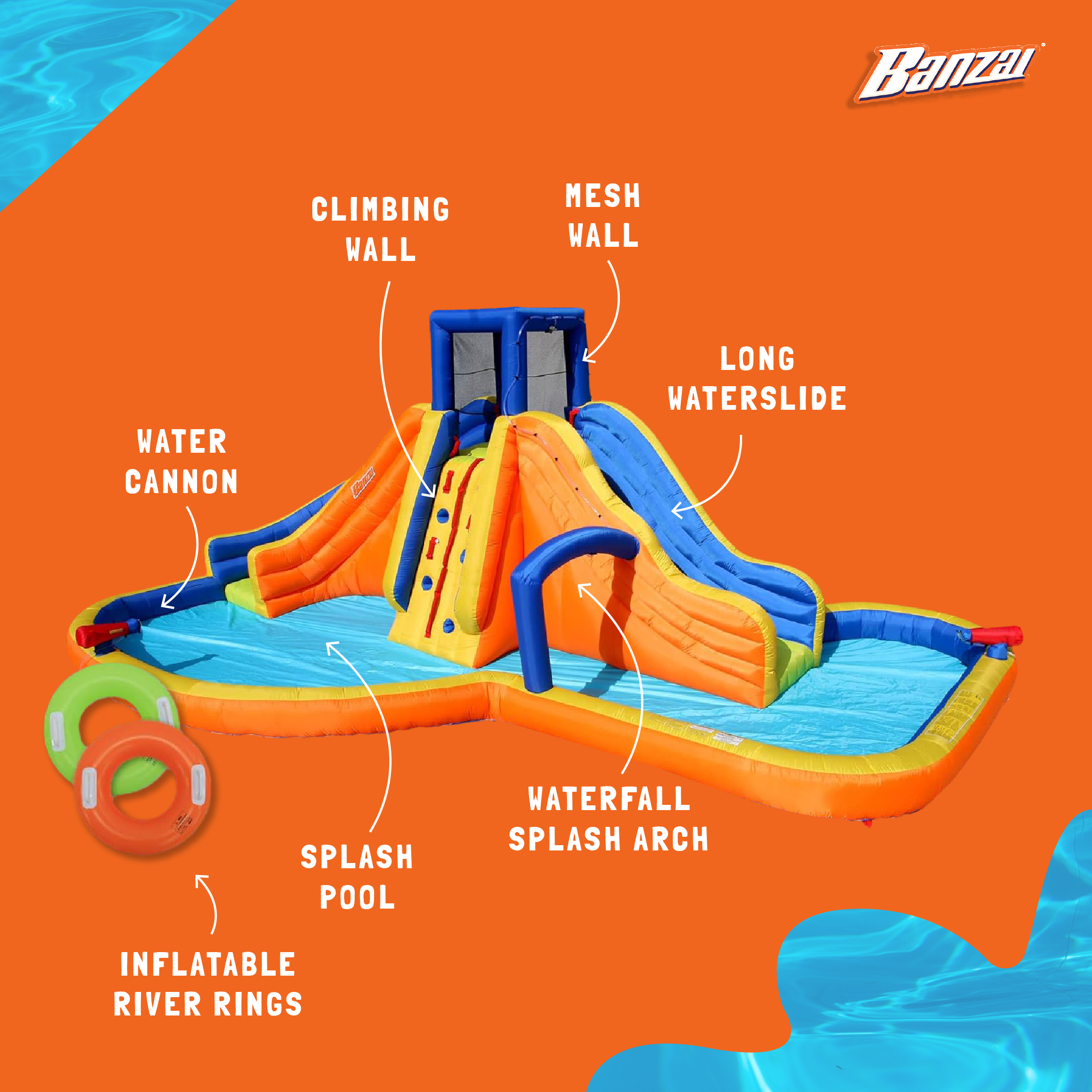 Banzai Rapid Falls Dual Slides Outdoor Water Park Climbing Rope Lagoon, Ages 5+ - Smart-nests