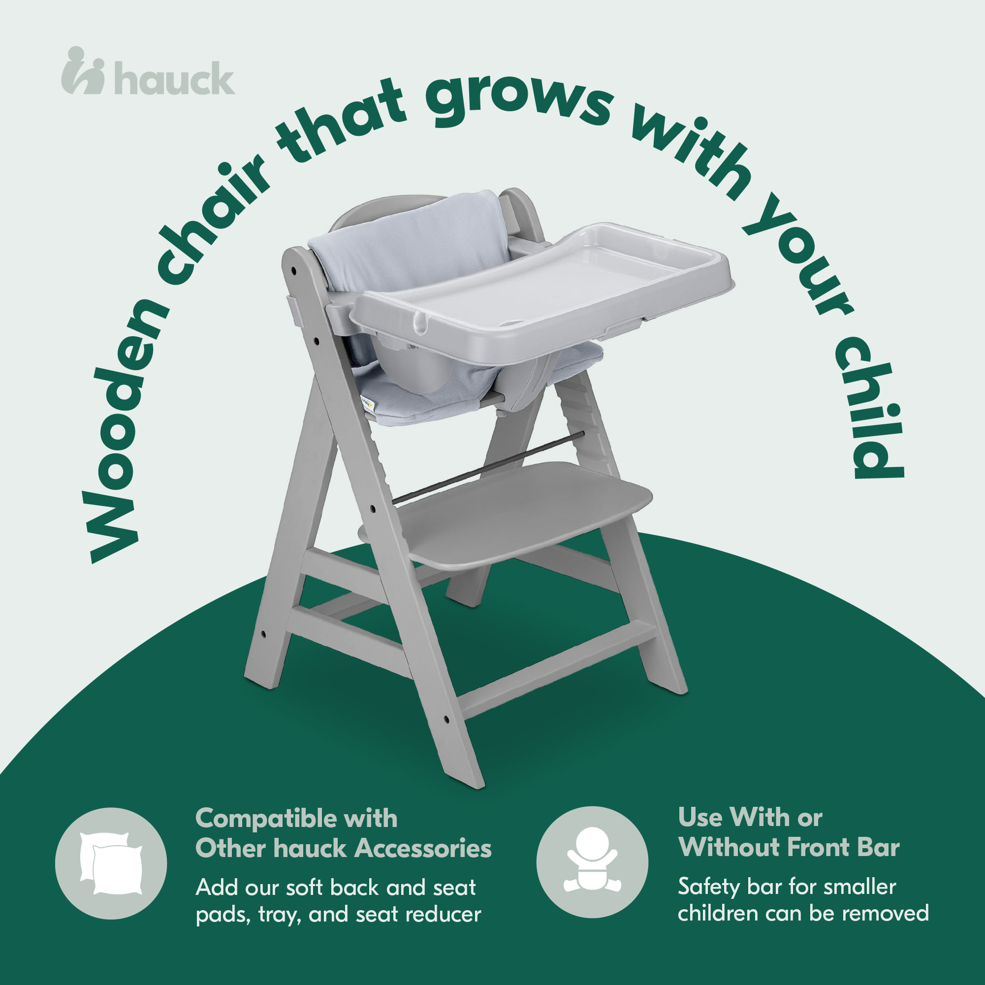 Hauck Alpha+ Wooden High Chair with Tray and Safety Bar, Grey - Smart-nests