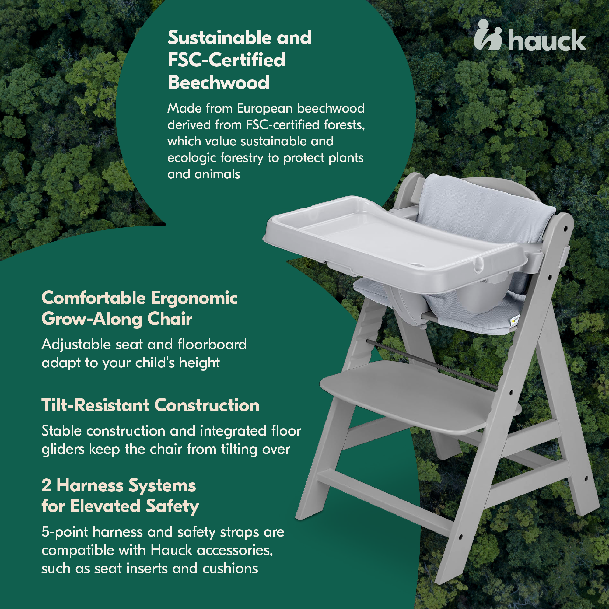 Hauck Alpha+ Wooden High Chair with Tray and Safety Bar, Grey - Smart-nests