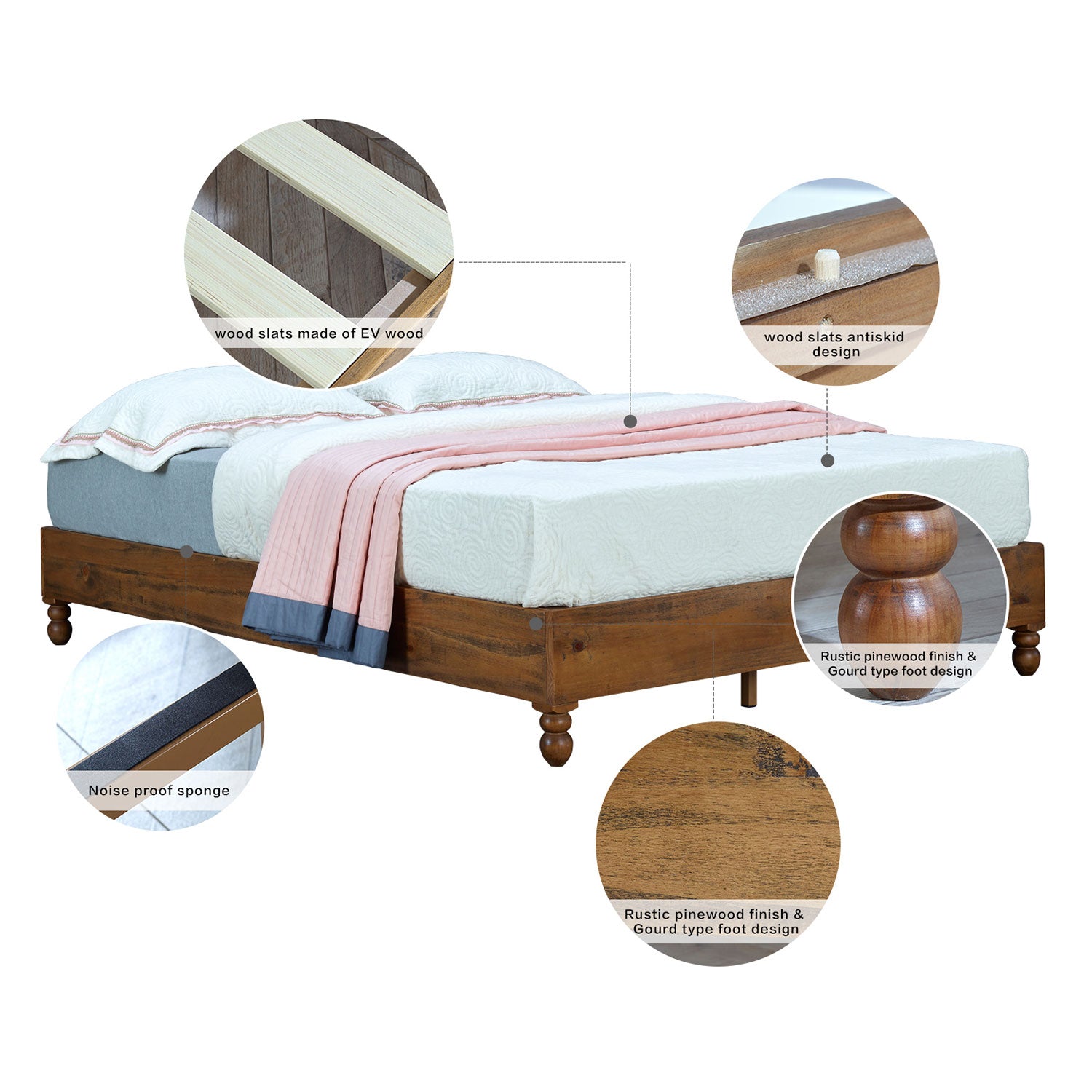 MUSEHOMEINC 12 Inch Solid Pine Wood Platform Bed Frame with Wooden Slats, Queen - Smart-nests