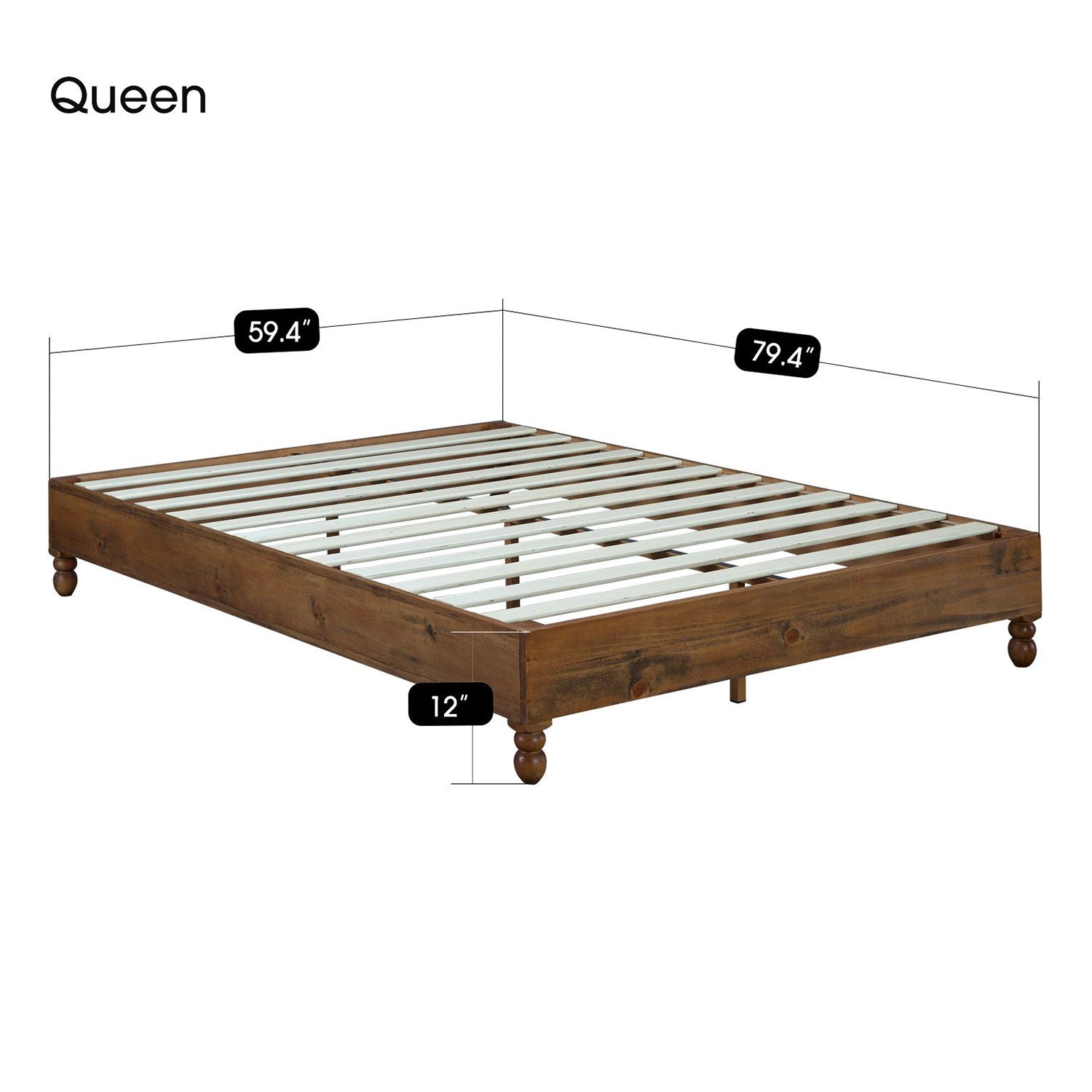 MUSEHOMEINC 12 Inch Solid Pine Wood Platform Bed Frame with Wooden Slats, Queen - Smart-nests