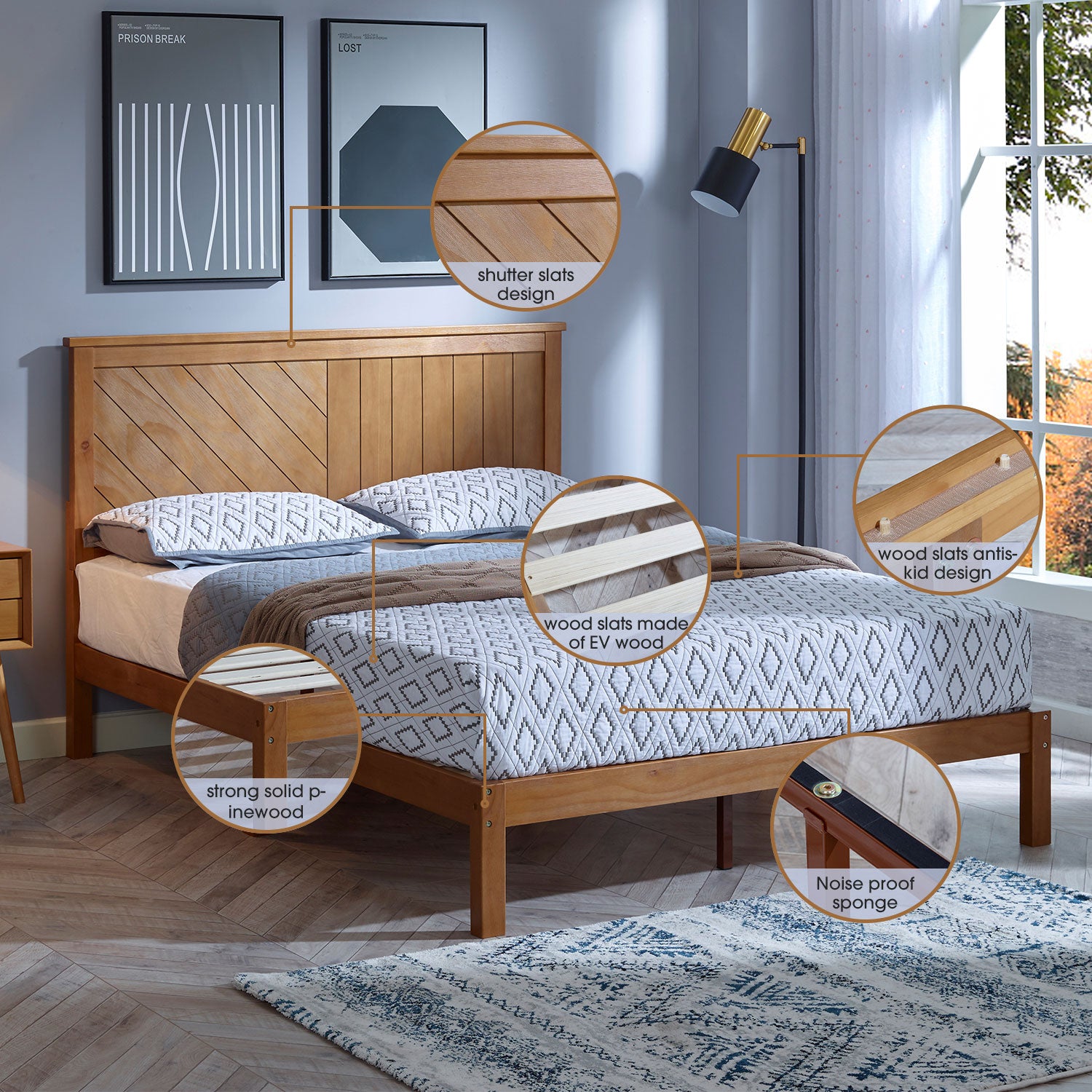 MUSEHOMEINC 12 Inch Solid Wood Platform Bed Frame with Wooden Slats, Queen - Smart-nests