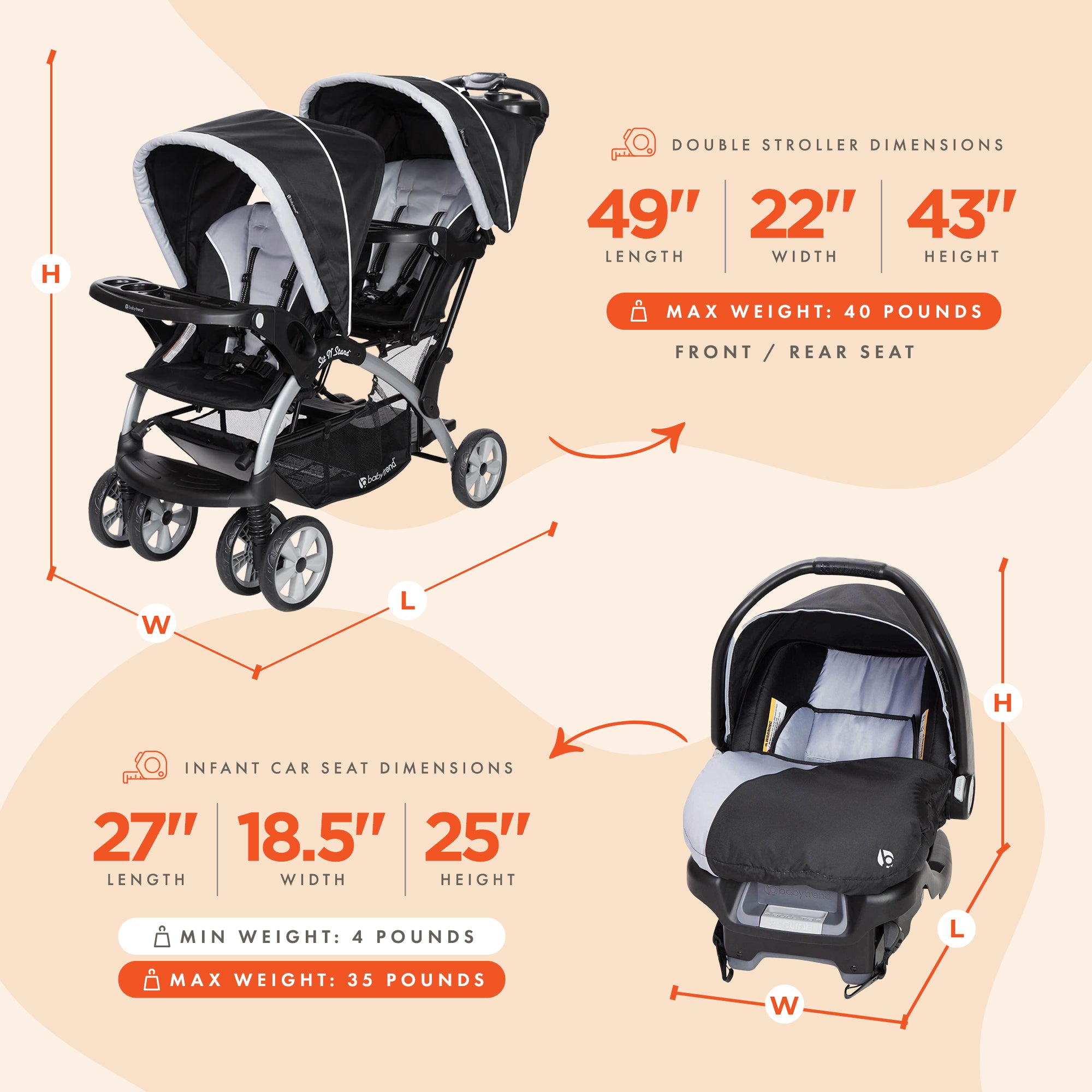 Baby Trend Sit N Stand Baby Double Stroller and 2 Infant Car Seat Combo, Stormy - Smart-nests