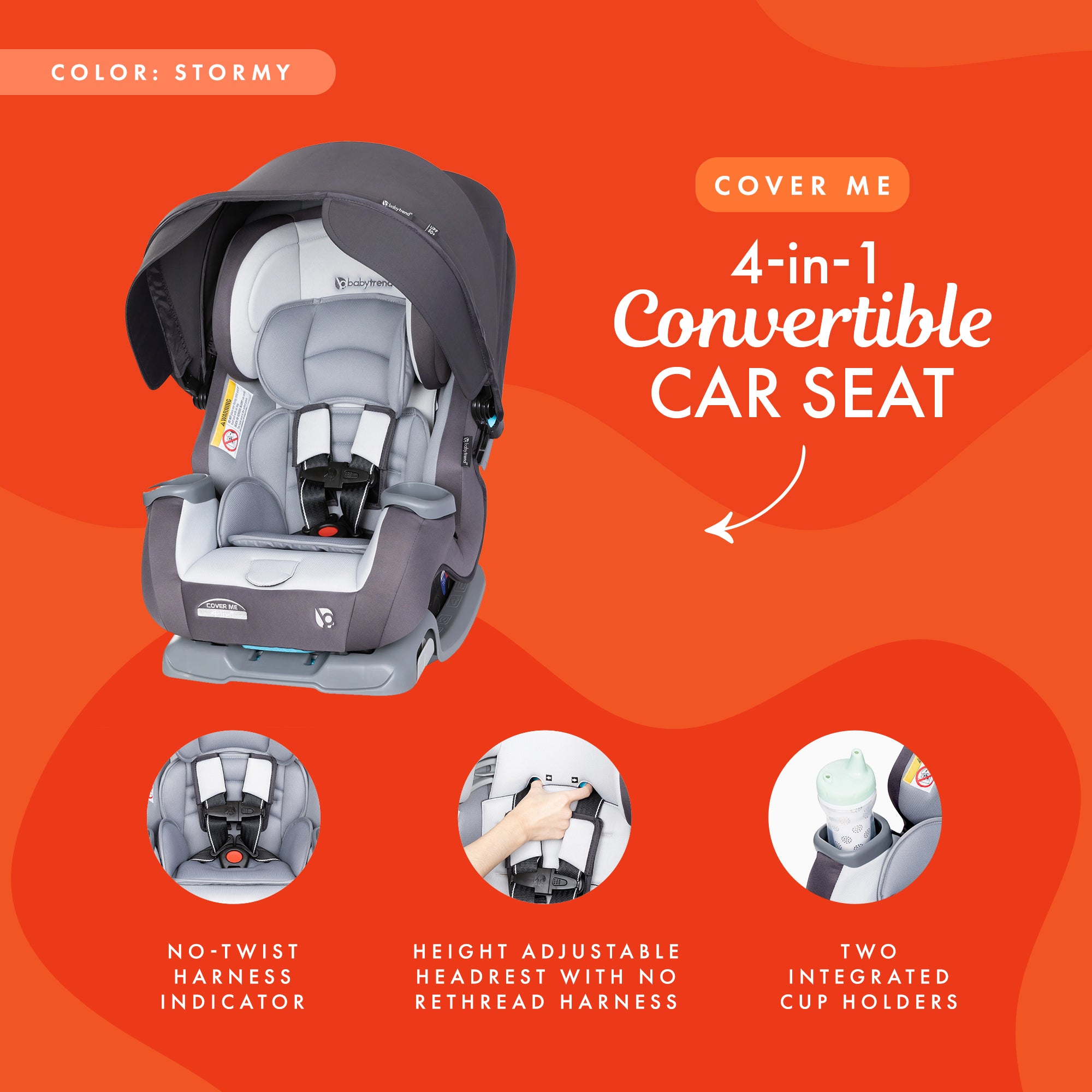 Baby Trend Cover Me 4 in 1 Convertible Car Seat with Adjustable Canopy, Stormy - Smart-nests