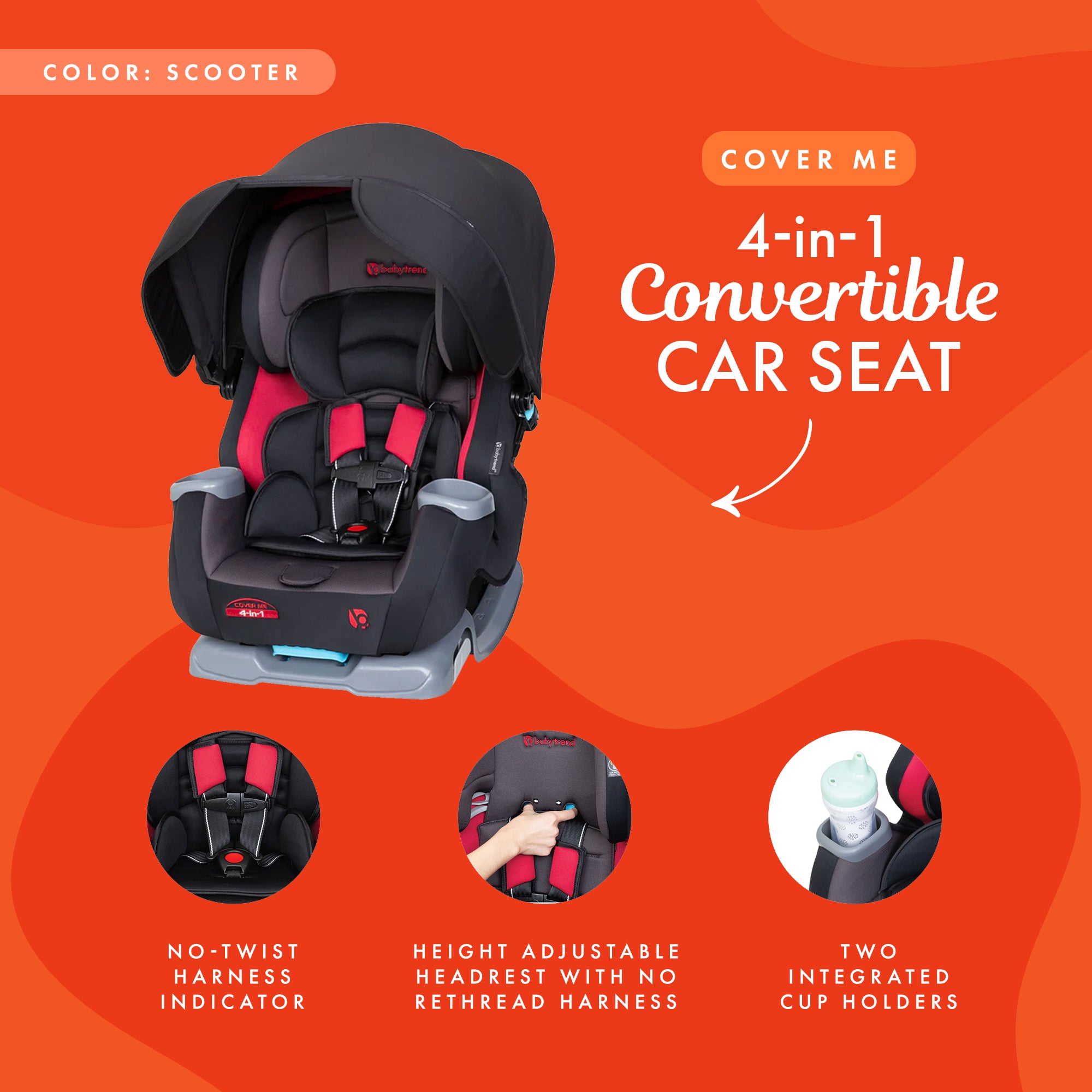 Baby Trend Cover Me 4 in 1 Convertible Car Seat w/ Canopy, Scooter (Black/Red) - Smart-nests