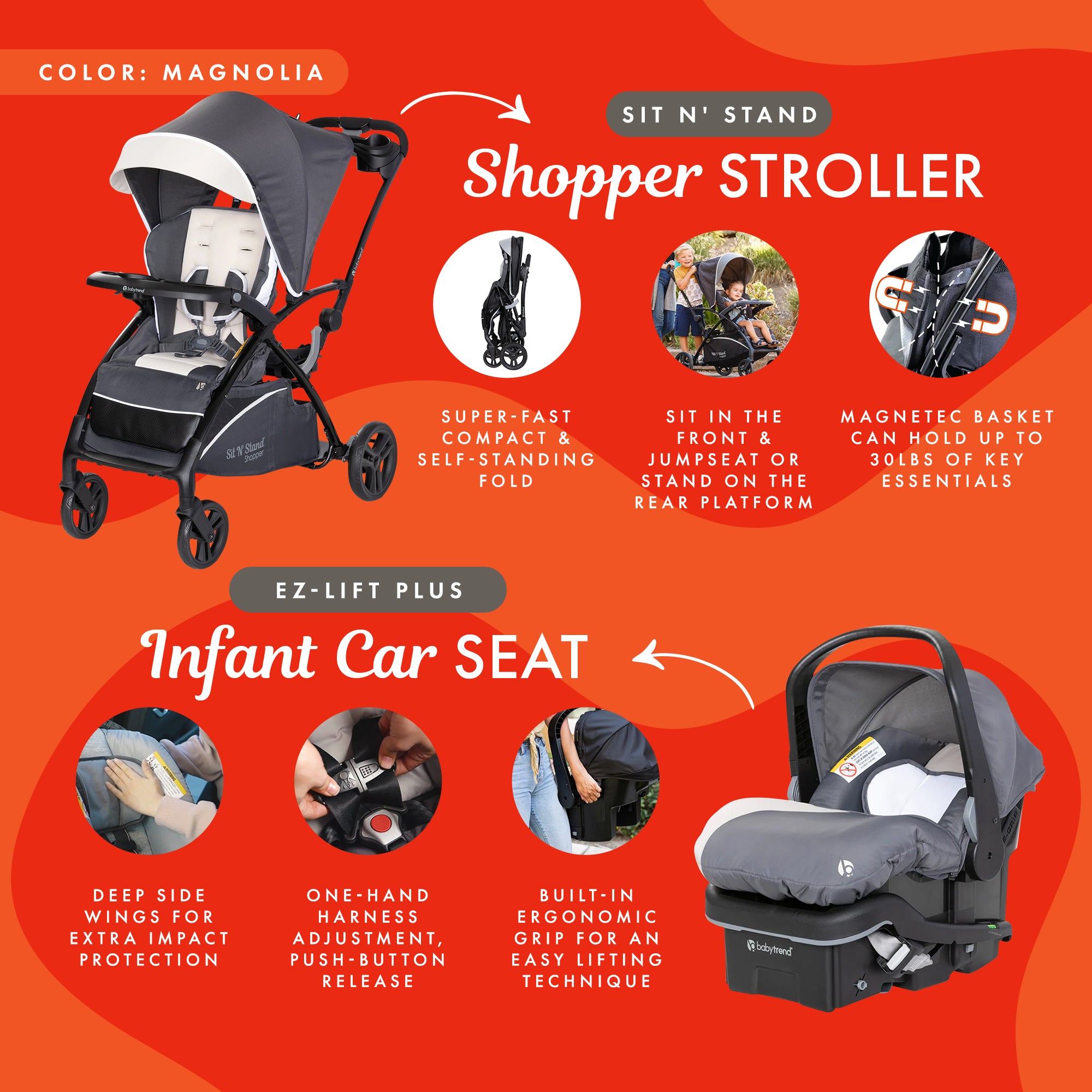 Baby Trend Sit N' Stand 5-in-1 Stroller & EZ-Lift Plus Infant Car Seat, Magnolia - Smart-nests