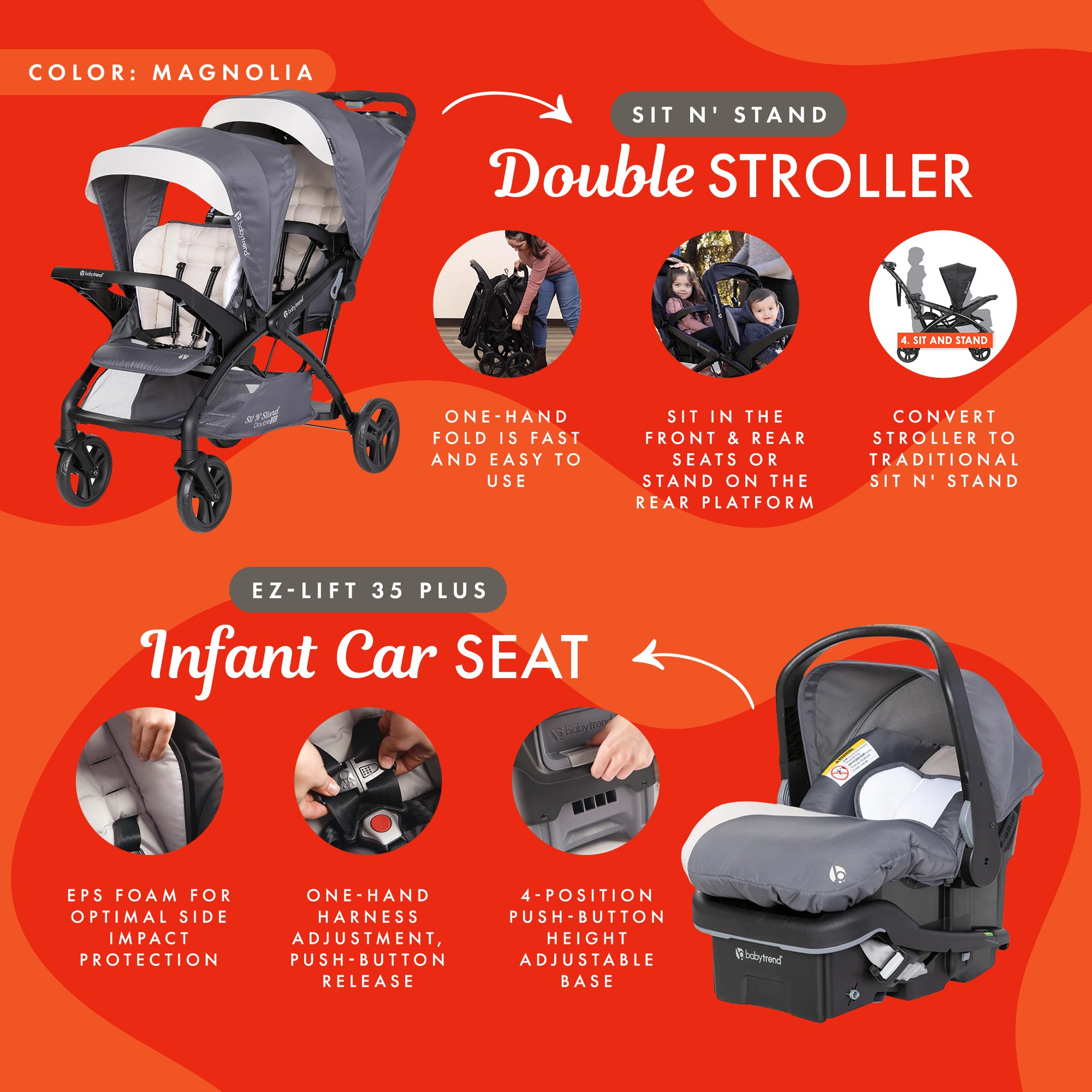 Baby Trend Sit N' Stand Double Stroller with EZ-Lift Car Seat (2 Pack), Magnolia - Smart-nests