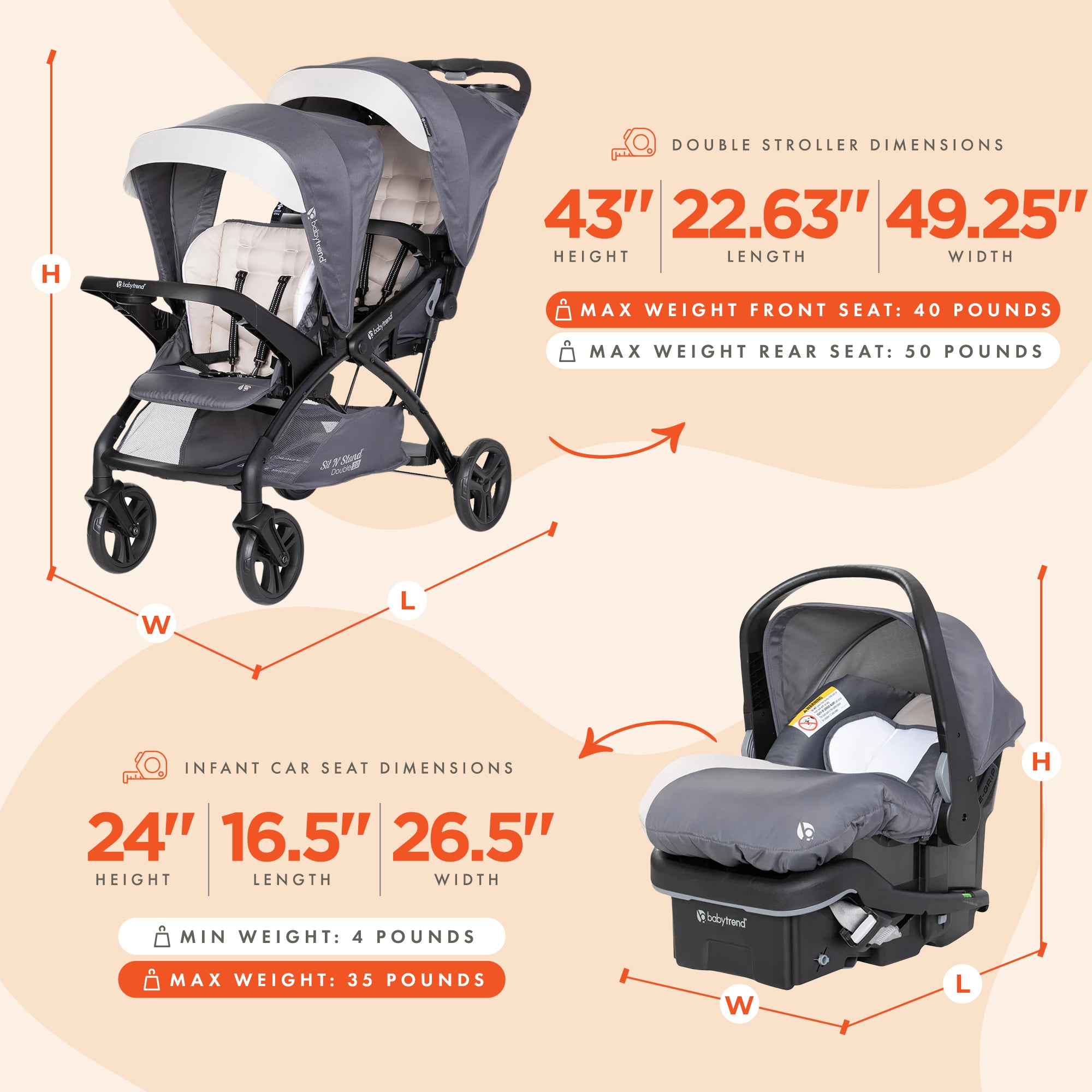Baby Trend Sit N' Stand Double Stroller with EZ-Lift Car Seat (2 Pack), Magnolia - Smart-nests