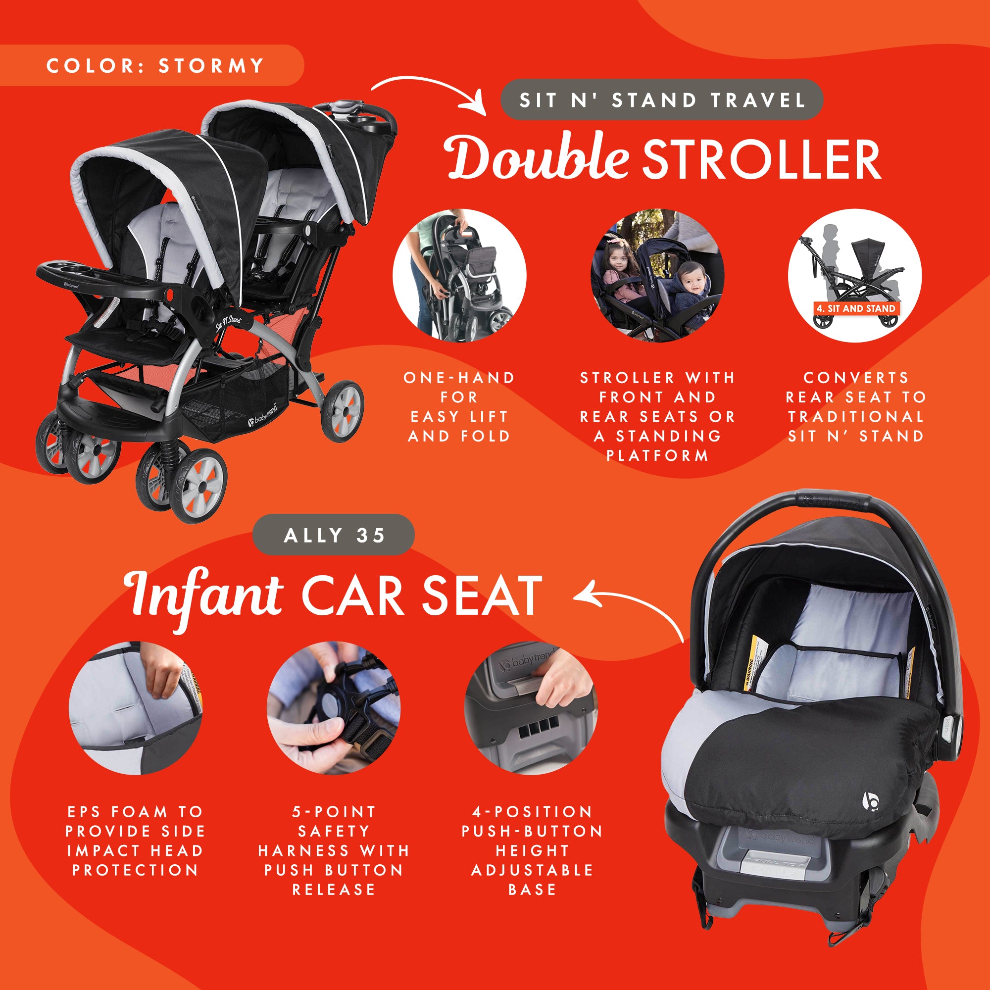 Baby Trend Sit N Stand Travel Double Baby Stroller and Car Seat Combo, Stormy - Smart-nests
