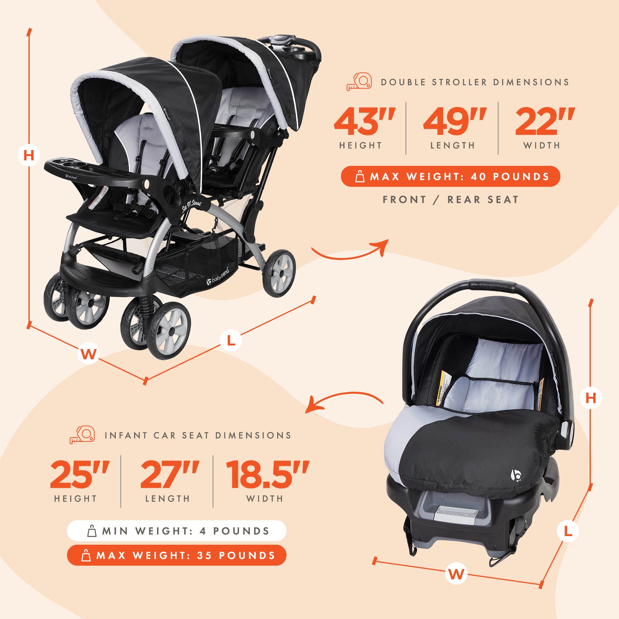 Baby Trend Sit N Stand Travel Double Baby Stroller and Car Seat Combo, Stormy - Smart-nests