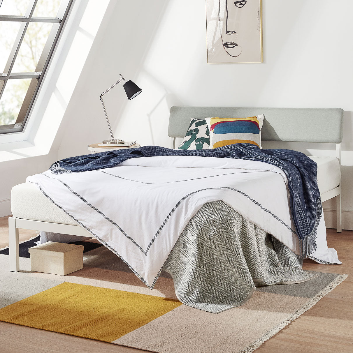 Mellow KERA Metal and Wood Platform Bed Frame with Angled Headboard, Full, White - Smart-nests