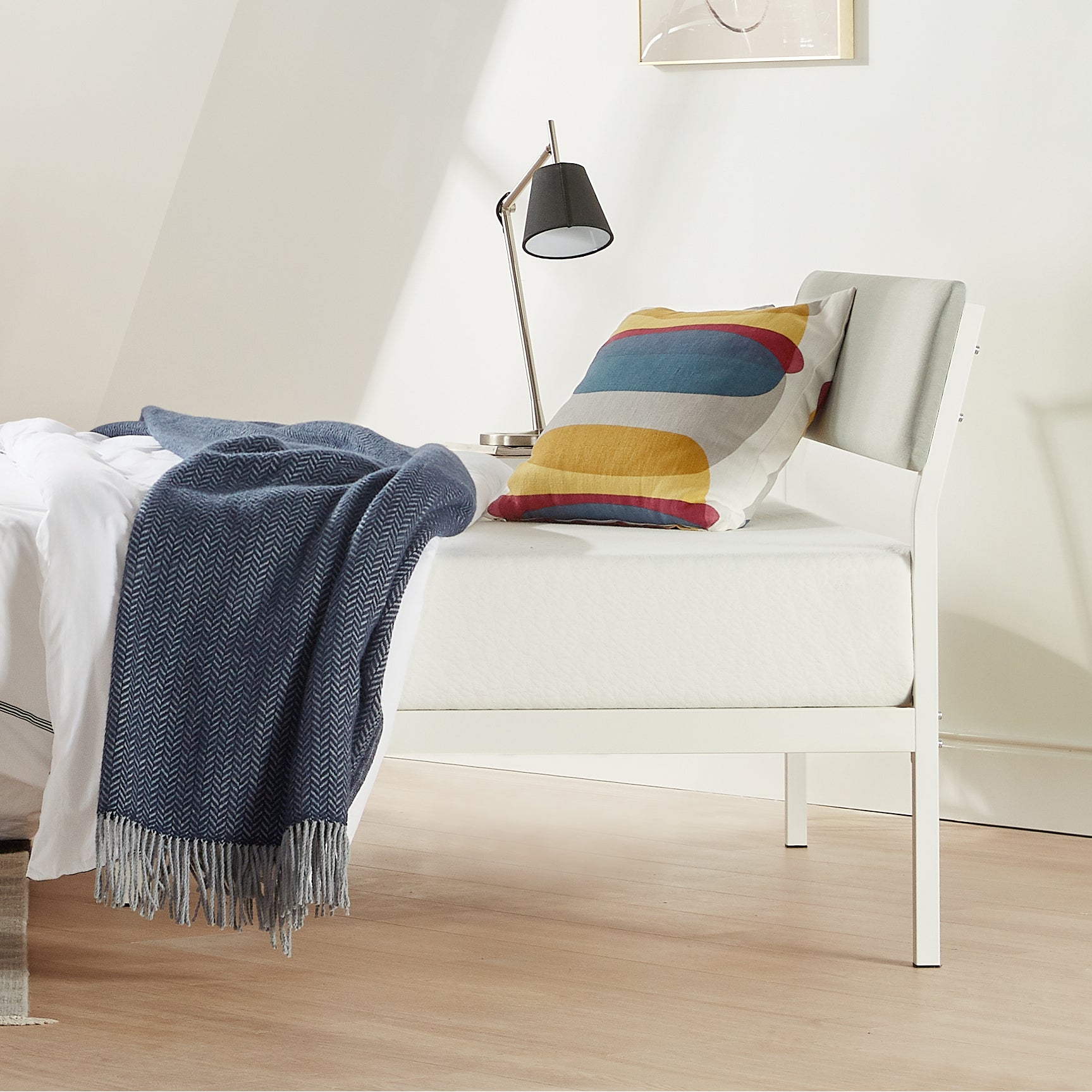 Mellow KERA Metal and Wood Platform Bed Frame with Angled Headboard, Full, White - Smart-nests