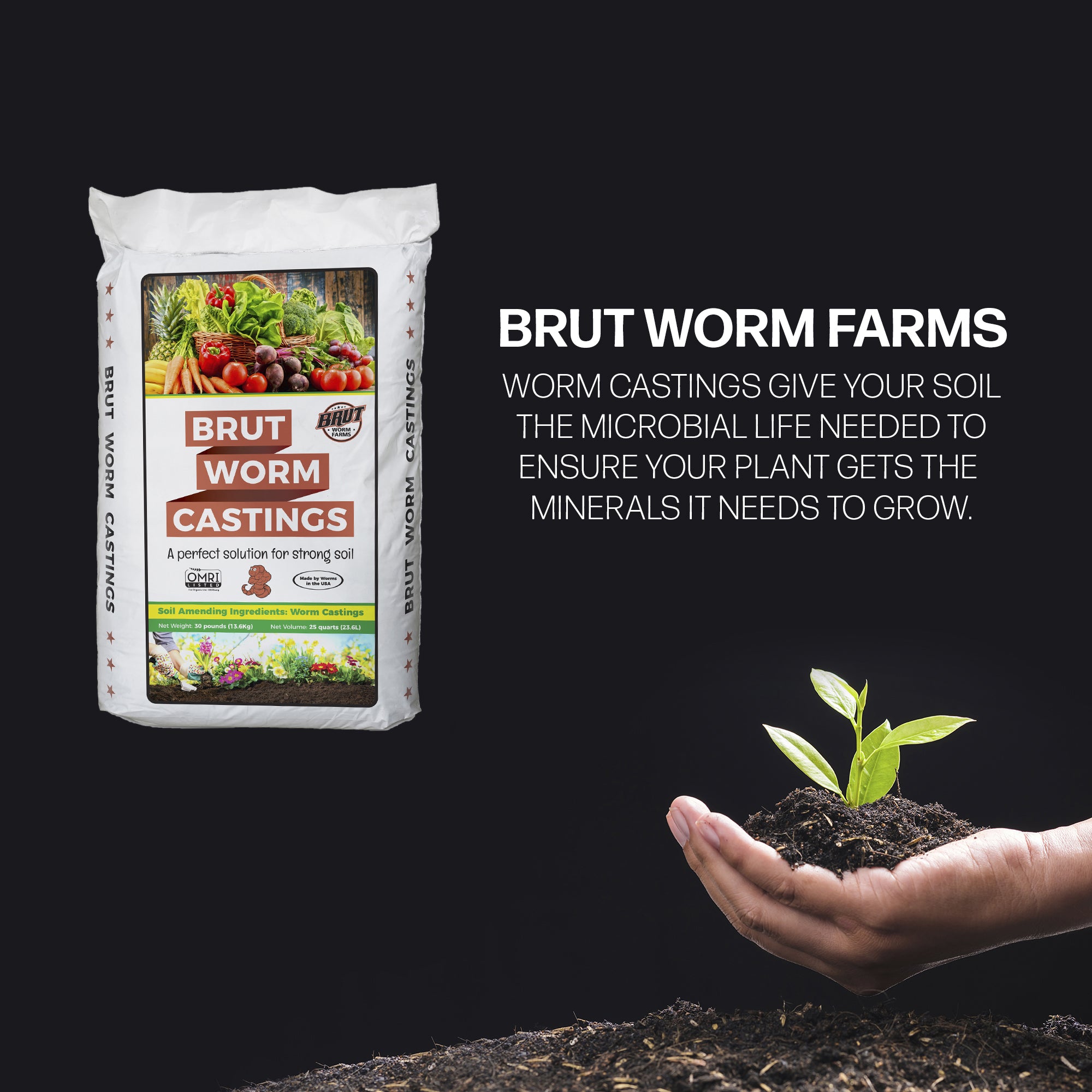 Brut All Natural Organic Worm Castings Soil Builder, 30 Pound Bag