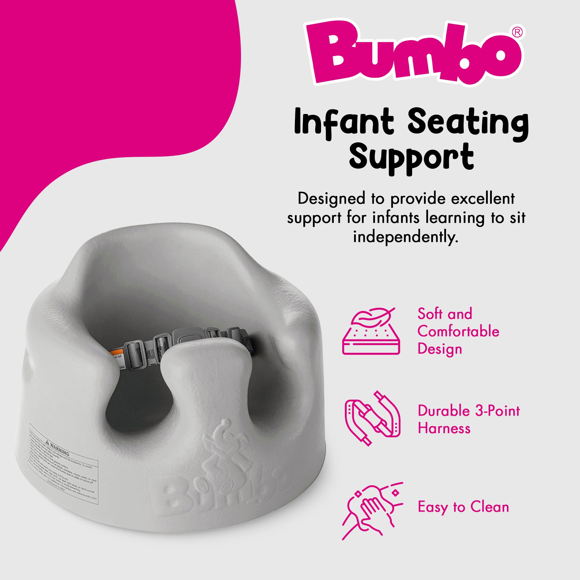 Bumbo Infant Floor Seat Baby Sit Up Chair with Adjustable Harness, Cool Gray - Smart-nests