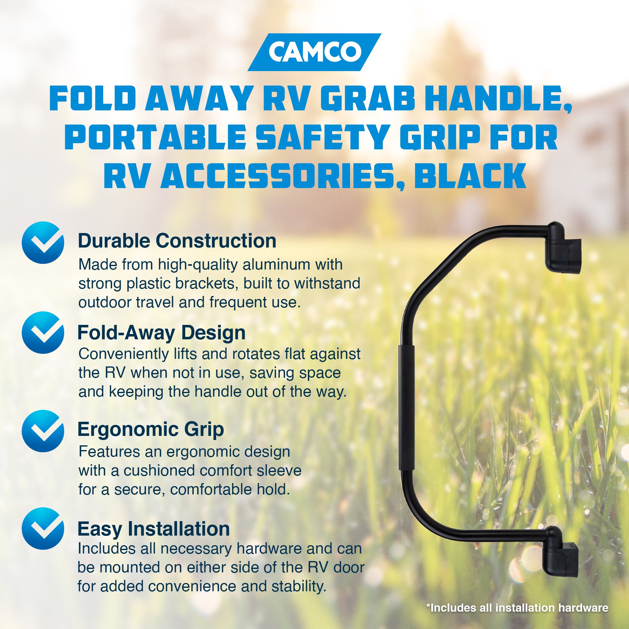 Camco Fold Away RV Grab Handle, Portable Safety Grip for RV Accessories, Black - Smart-nests
