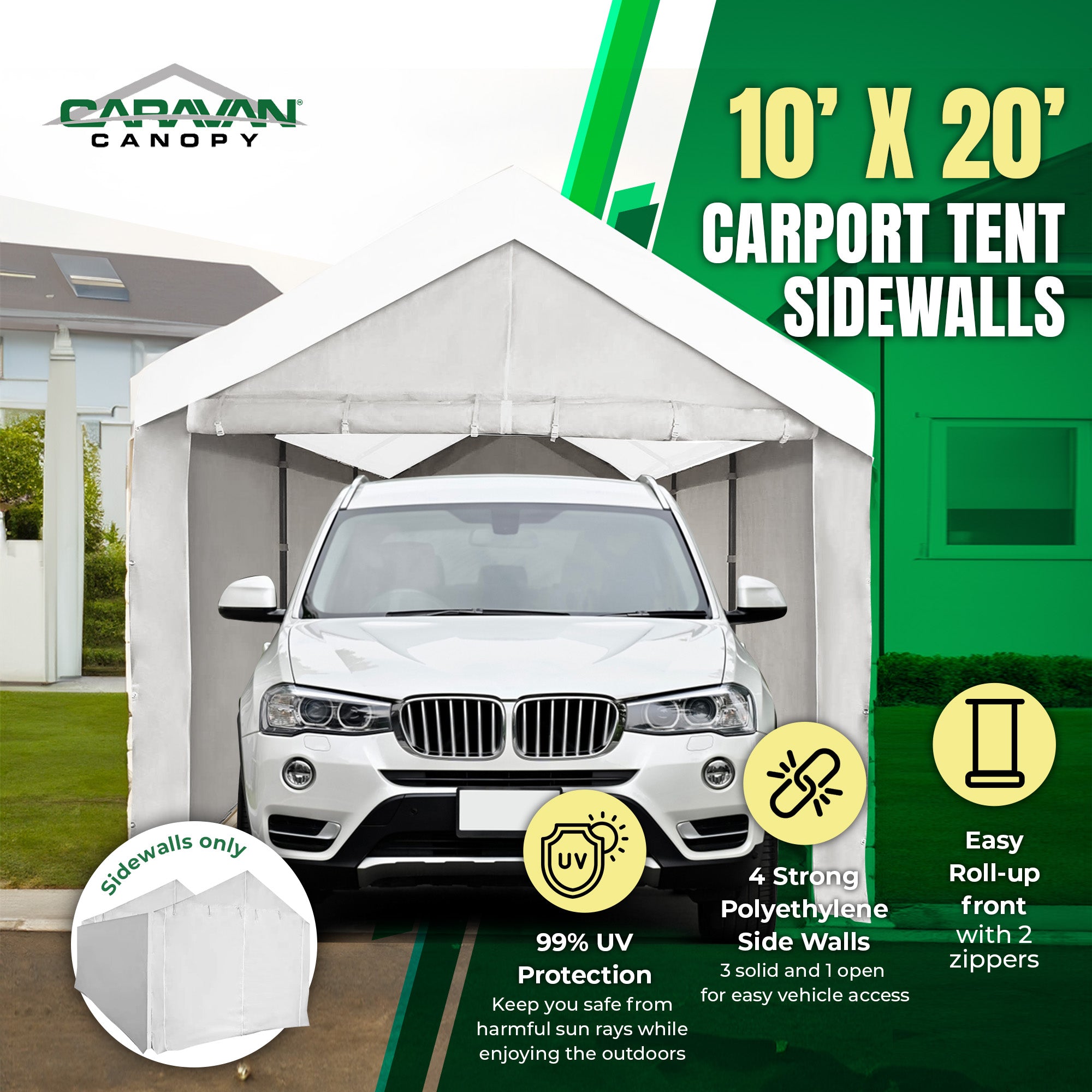 Caravan Canopy Domain Car Port Tent Sidewalls w/ Straps, White (Sidewalls Only) - Smart-nests