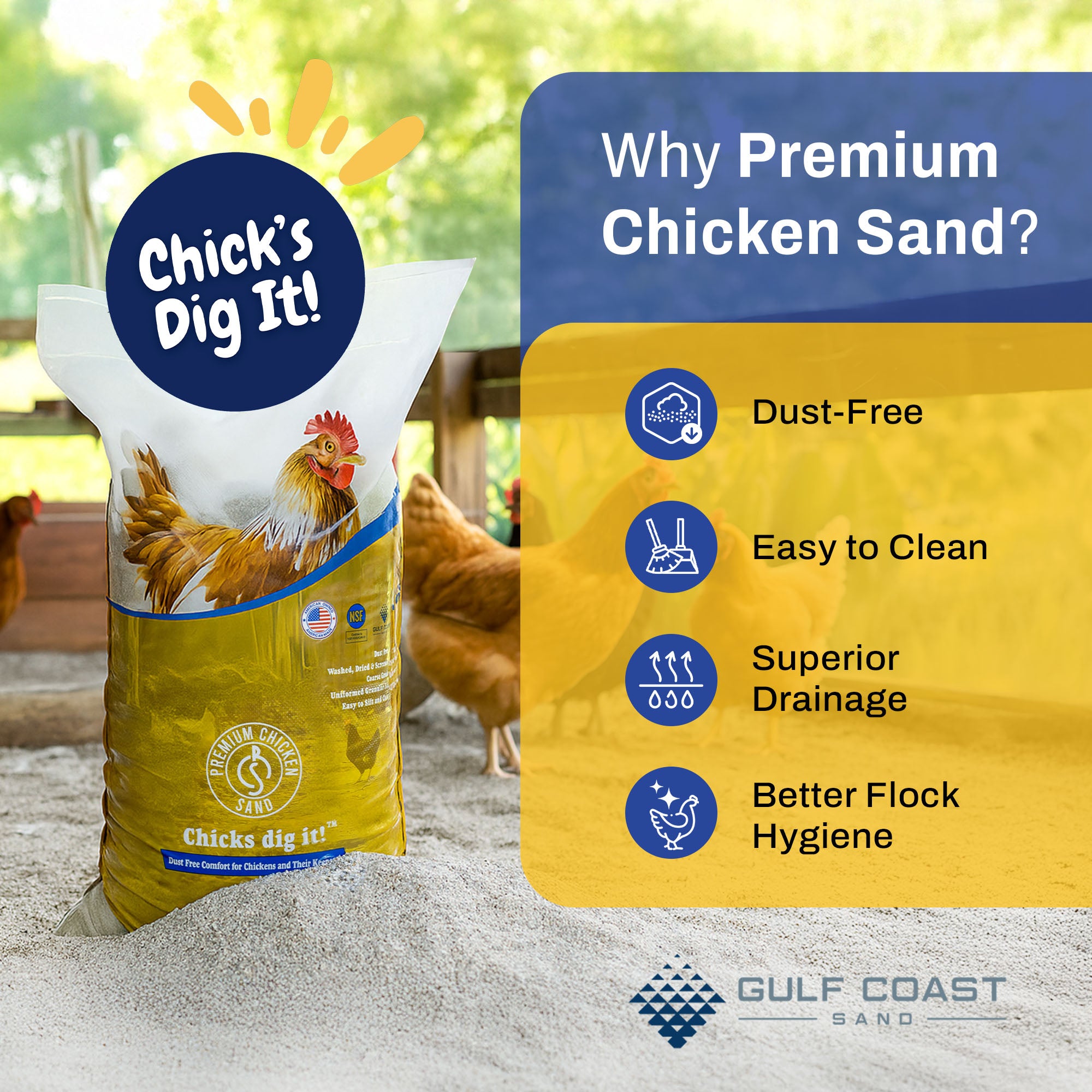 Premium Chicken Sand, Odor Eliminating Bedding for Chicken Coops, 50 Lb Bag - Smart-nests