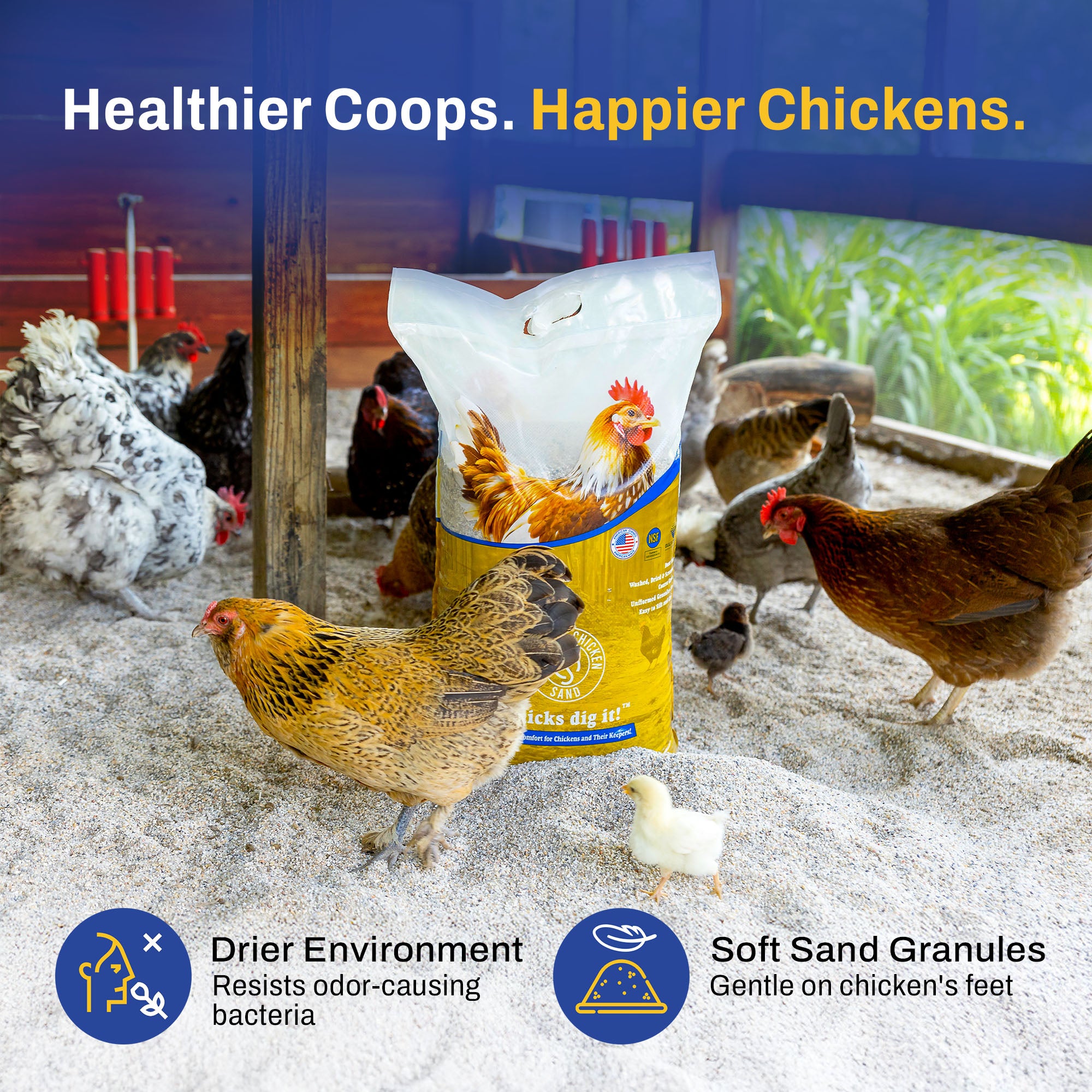 Premium Chicken Sand, Odor Eliminating Bedding for Chicken Coops, 50 Lb Bag - Smart-nests