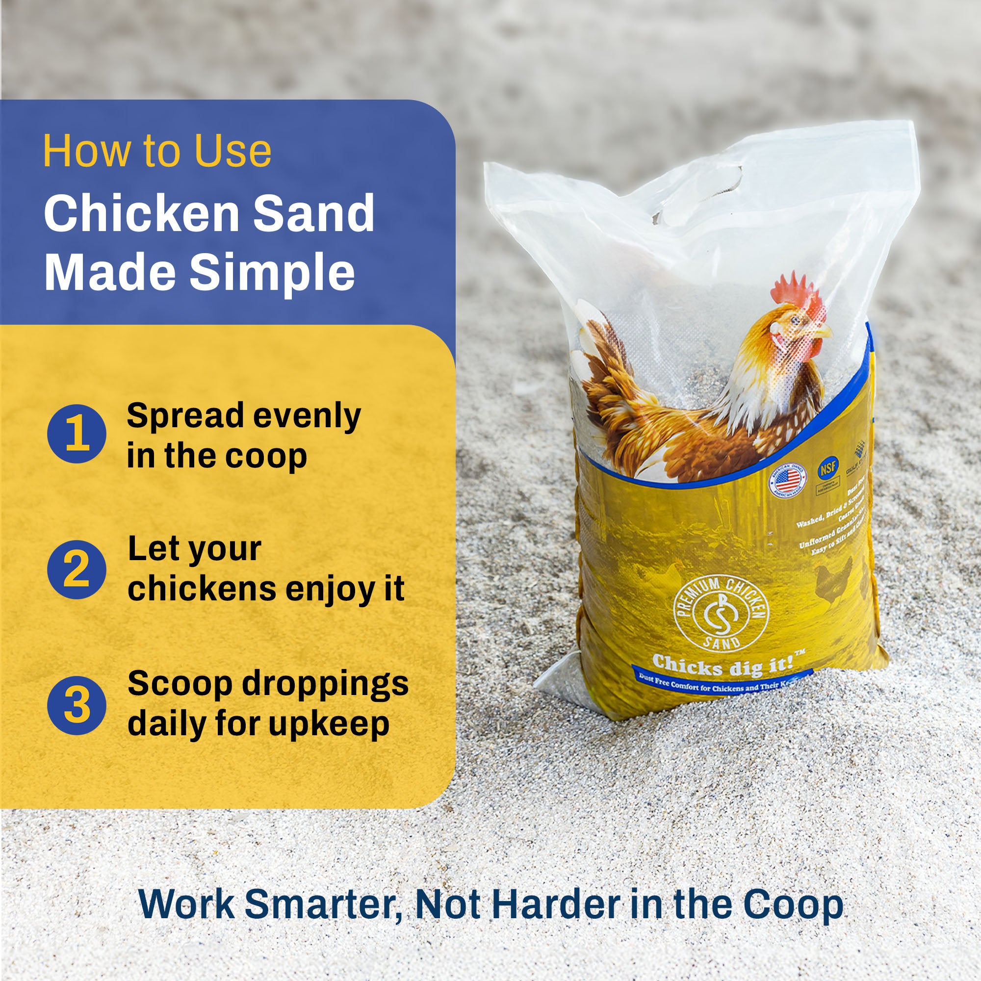 Premium Chicken Sand, Odor Eliminating Bedding for Chicken Coops, 50 Lb Bag - Smart-nests