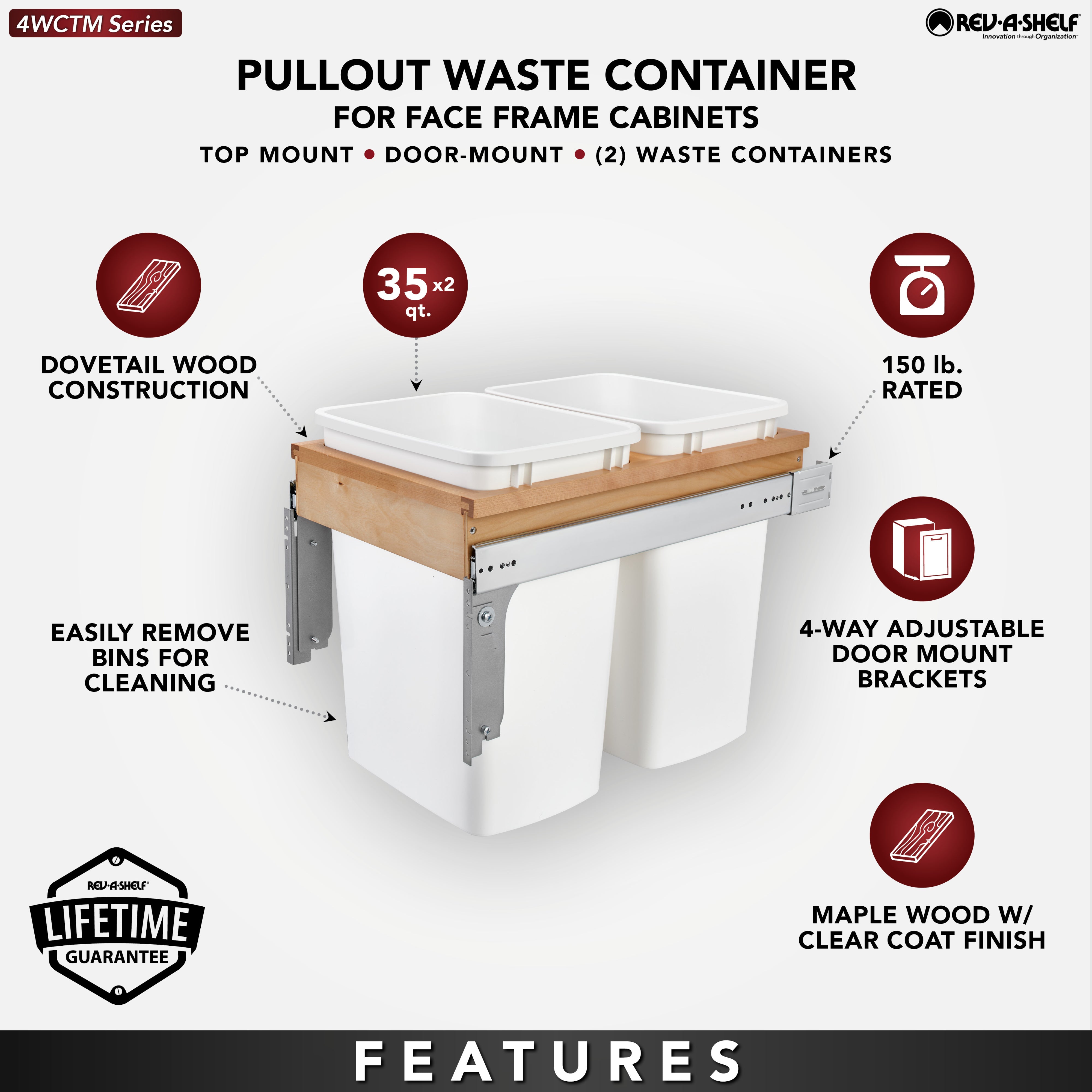 Rev-A-Shelf Double Pullout Top Mount Trash Cans 35 qt., White, 4WCTM-18DM2-175
