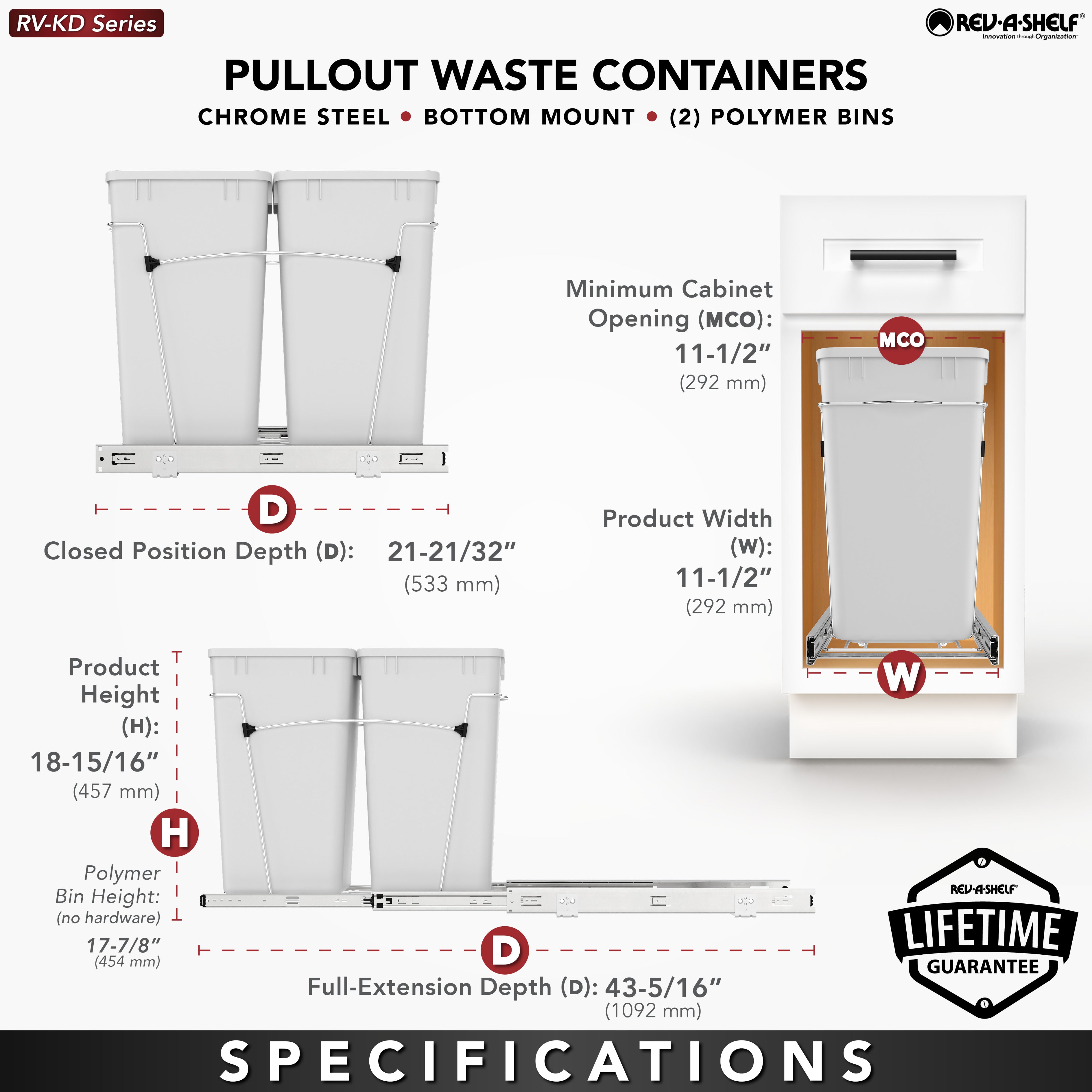 Rev-A-Shelf Double Pullout Trash Cans 27 qt. for Kitchen, Silver, RV-15KD-17C S
