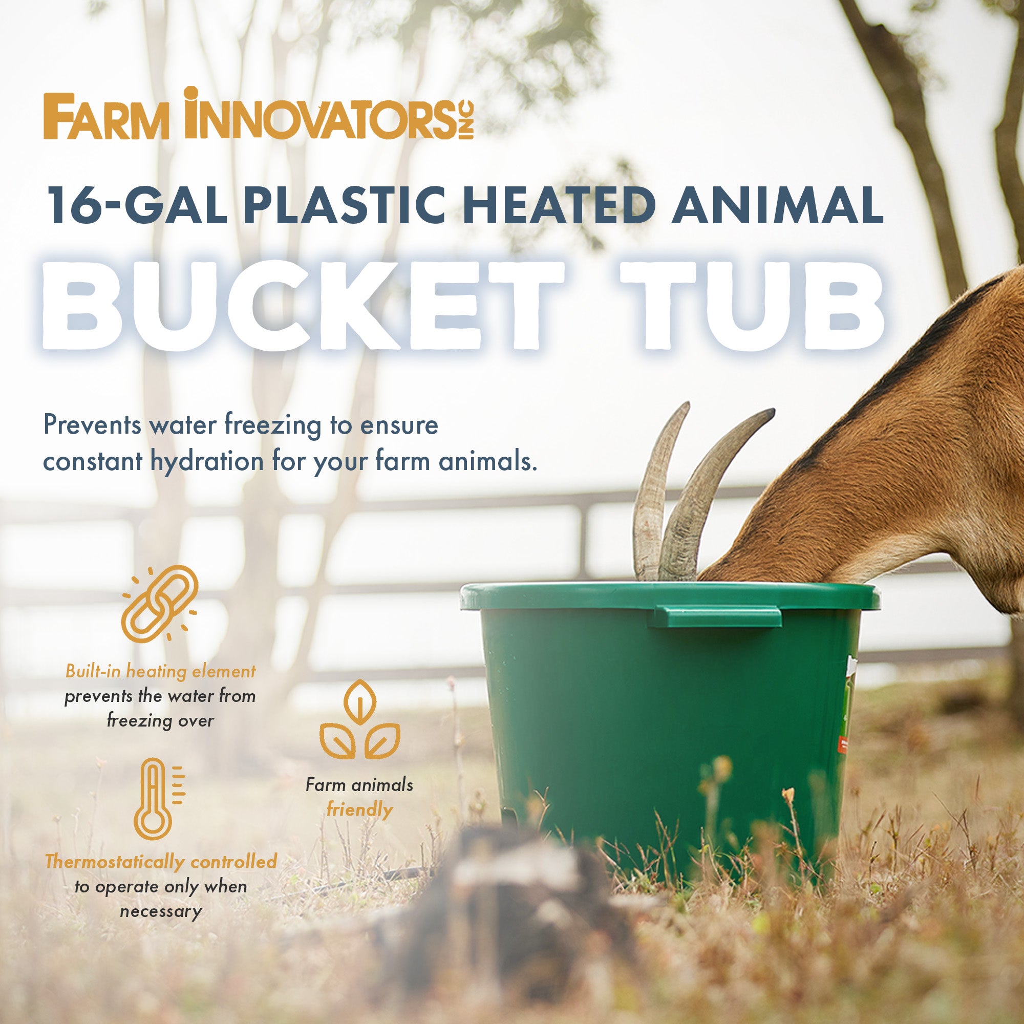 Farm Innovators Heated Bucket, Livestock Water Bowl w/Heating Element, 16 Gallon - Smart-nests