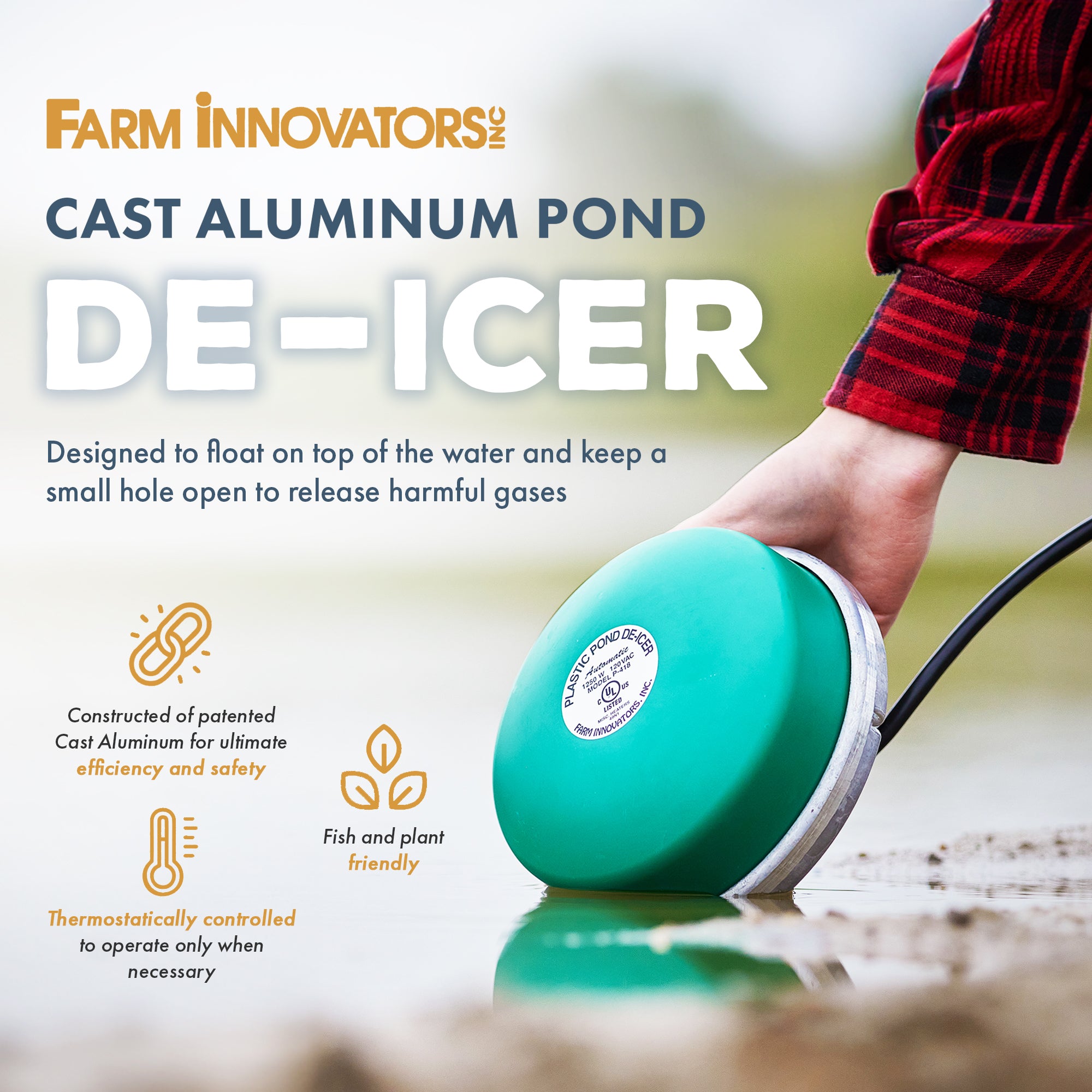 Farm Innovators P-418 Cast Aluminum 1250 Watt All Pond Floating De-Icer Heater - Smart-nests