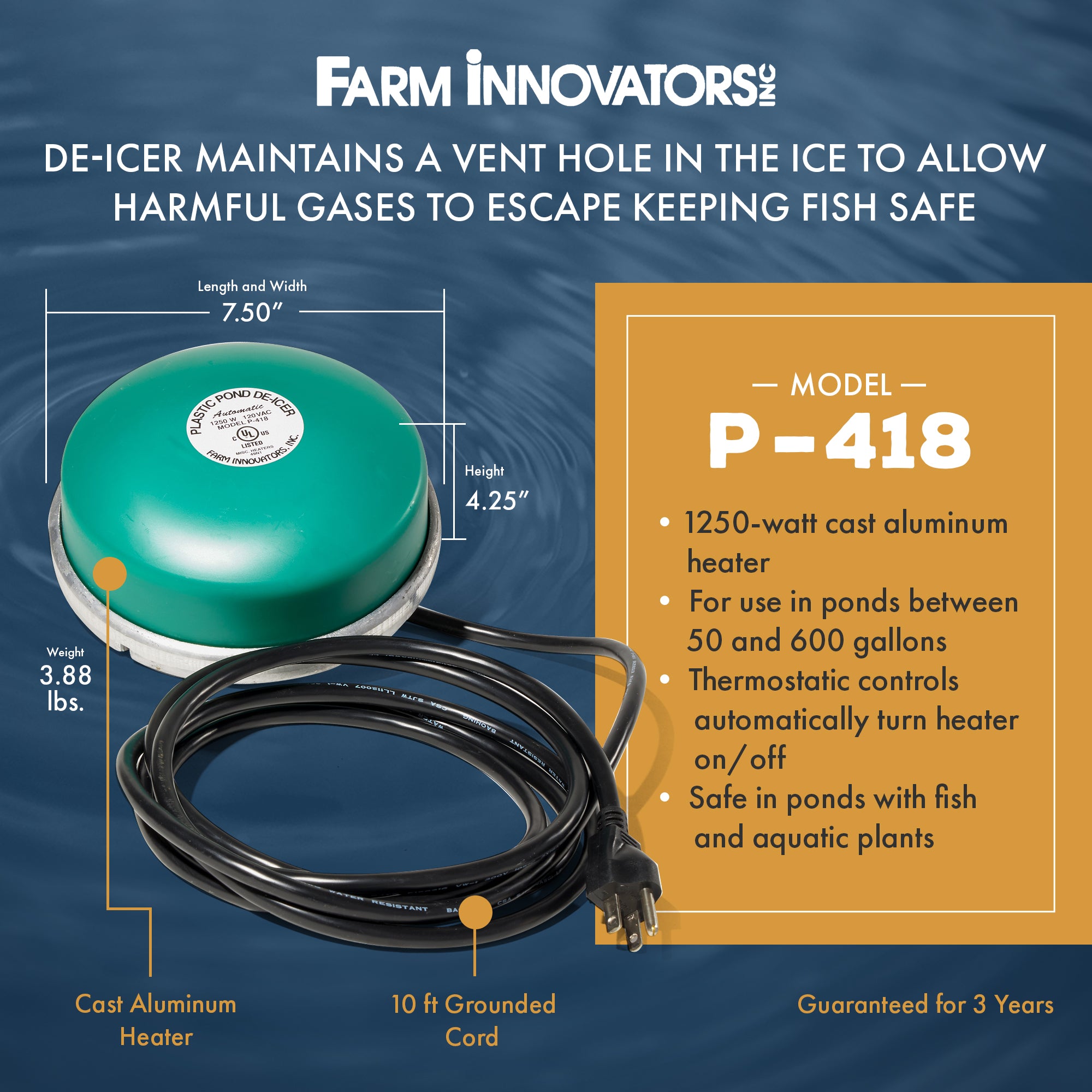 Farm Innovators P-418 Cast Aluminum 1250 Watt All Pond Floating De-Icer Heater - Smart-nests