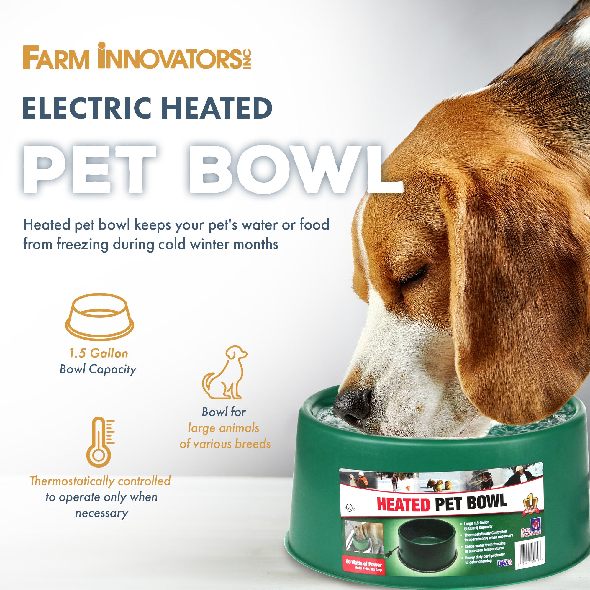 Farm Innovators P-60 1.5 Gallon Electric Heated Pet Water Bowl, 60 Watt, Green - Smart-nests