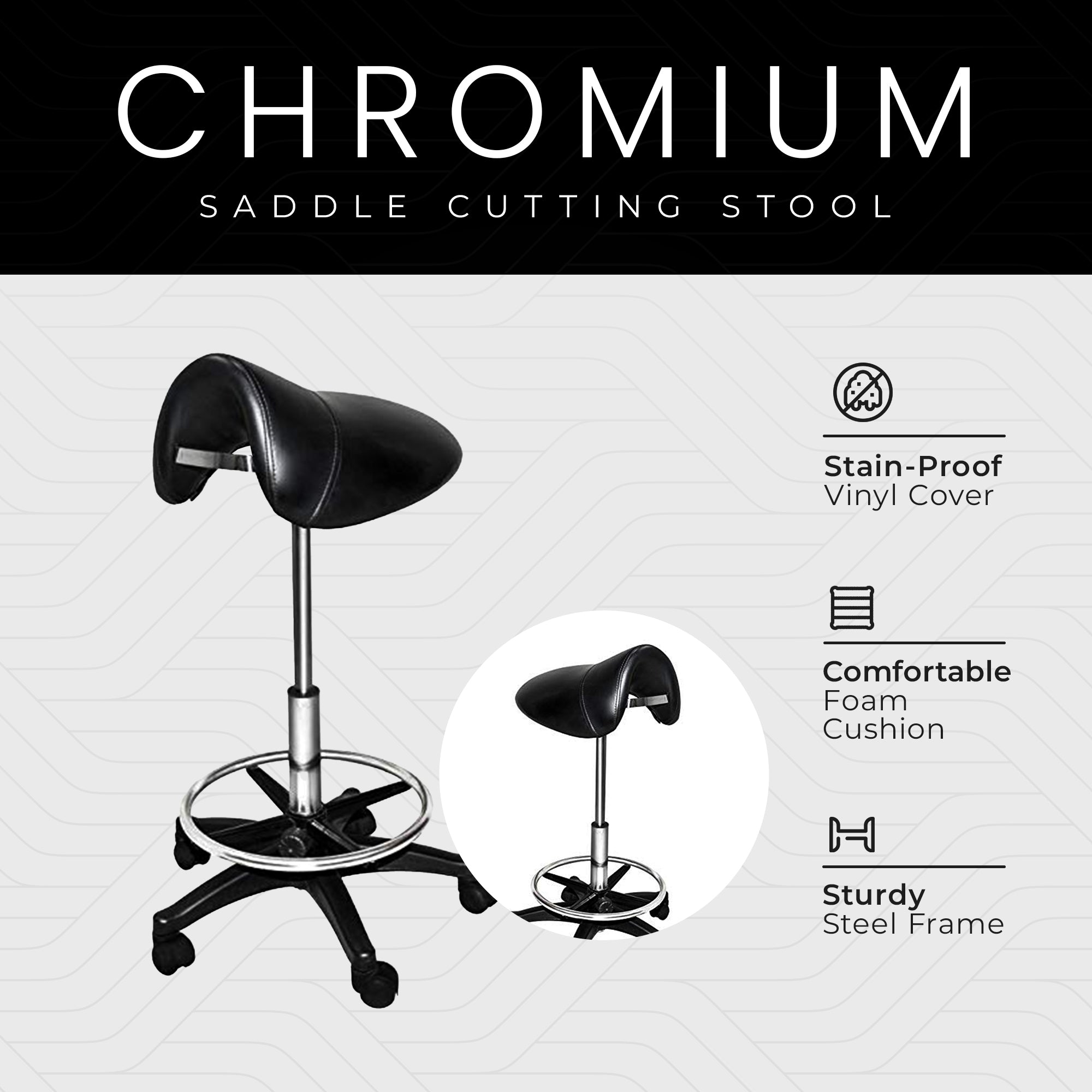 Chromium Professional Rotating Saddle Cutting Stool with  Foam Cushions, Black - Smart-nests