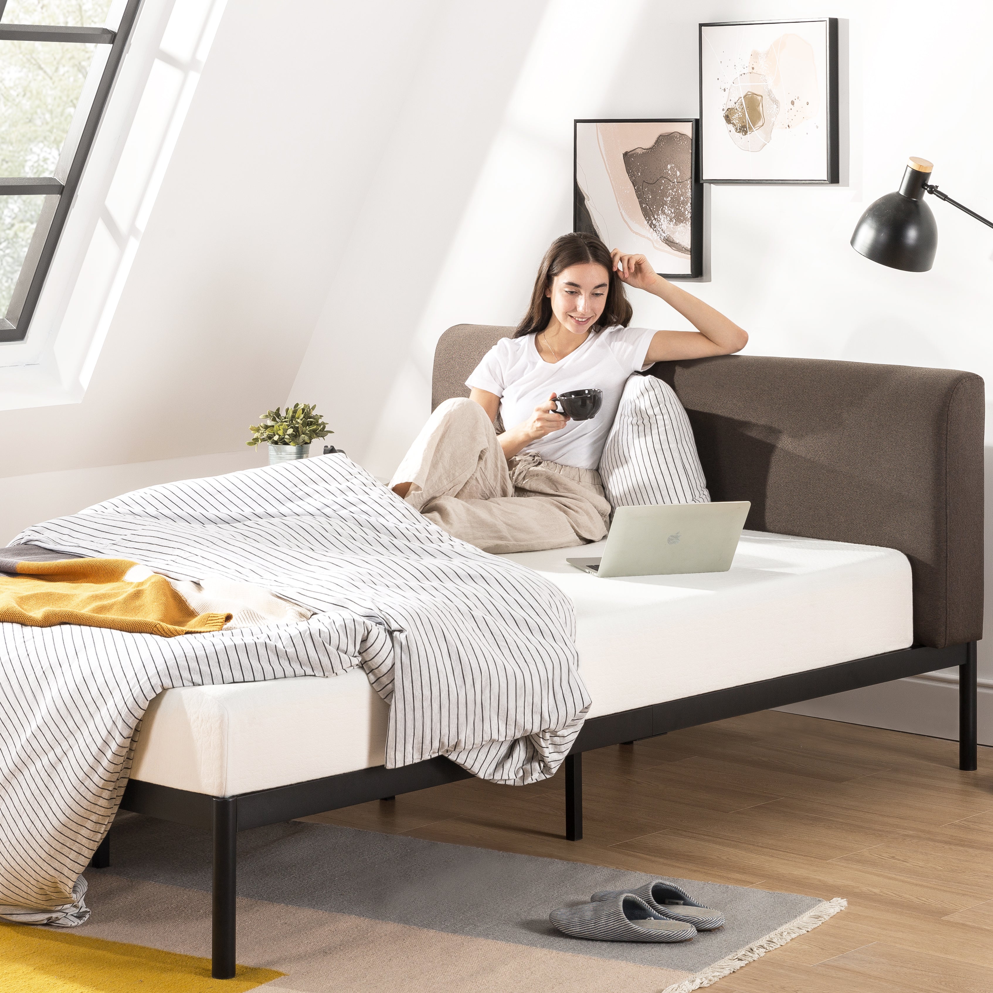 Mellow BREE Metal Platform Bed Frame with Curved Upholstered Backboard, King - Smart-nests