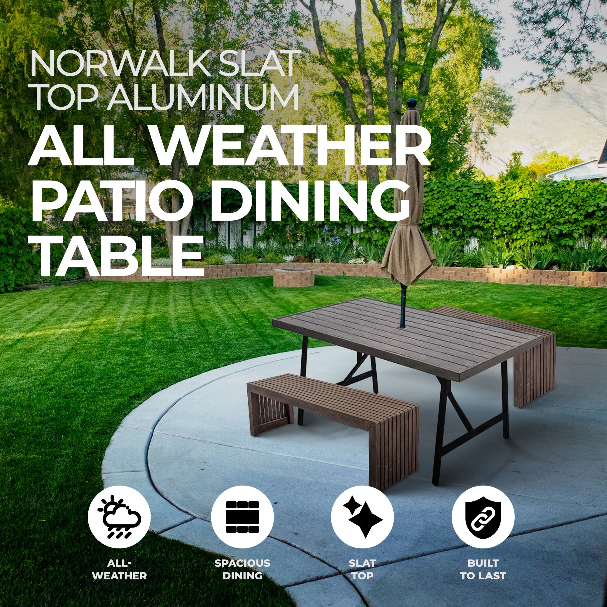Four Seasons Courtyard Norwalk Slat Top Aluminum All Weather Patio Dining Table - Smart-nests