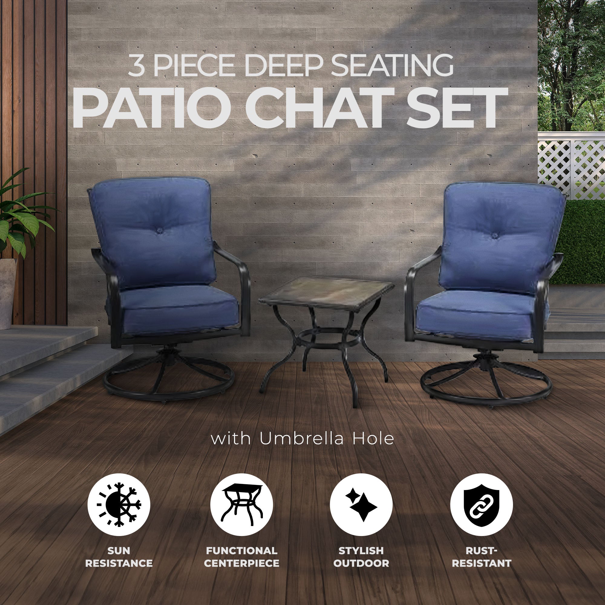 Four Seasons Courtyard Beaumont 3 Piece Deep Seating Patio Chat Set, Denim/Brown - Smart-nests