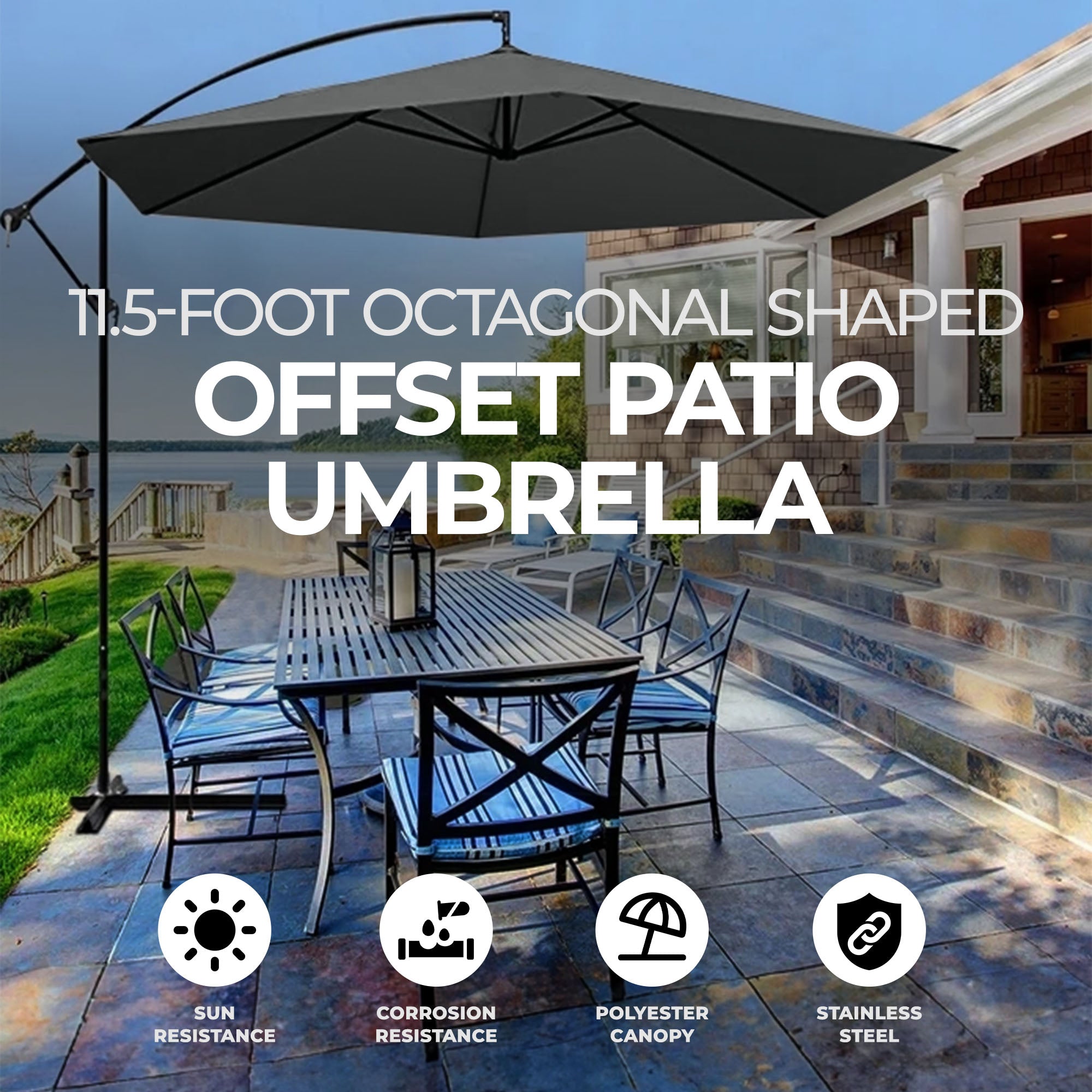 Four Seasons Courtyard 11.5 Foot Offset Patio Umbrella, Charcoal Gray Fabric - Smart-nests