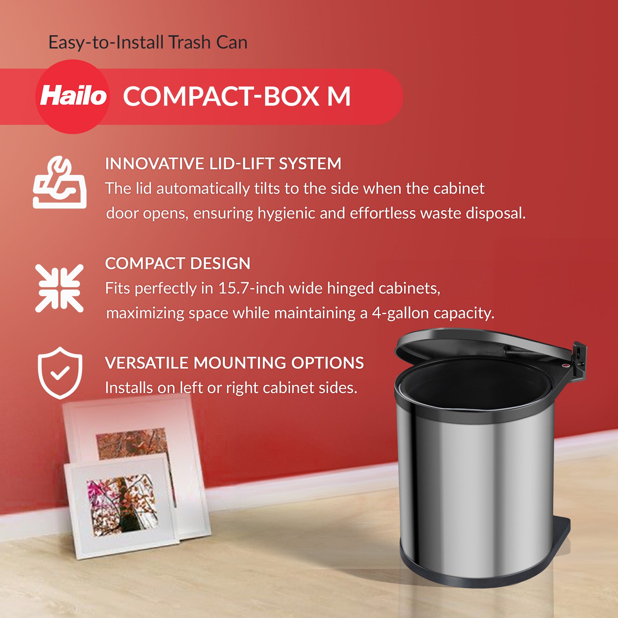 Hailo Compact-Box M Trash Can, 4 Gallon, Lid-Lift, Small Kitchen Bin, Steel - Smart-nests