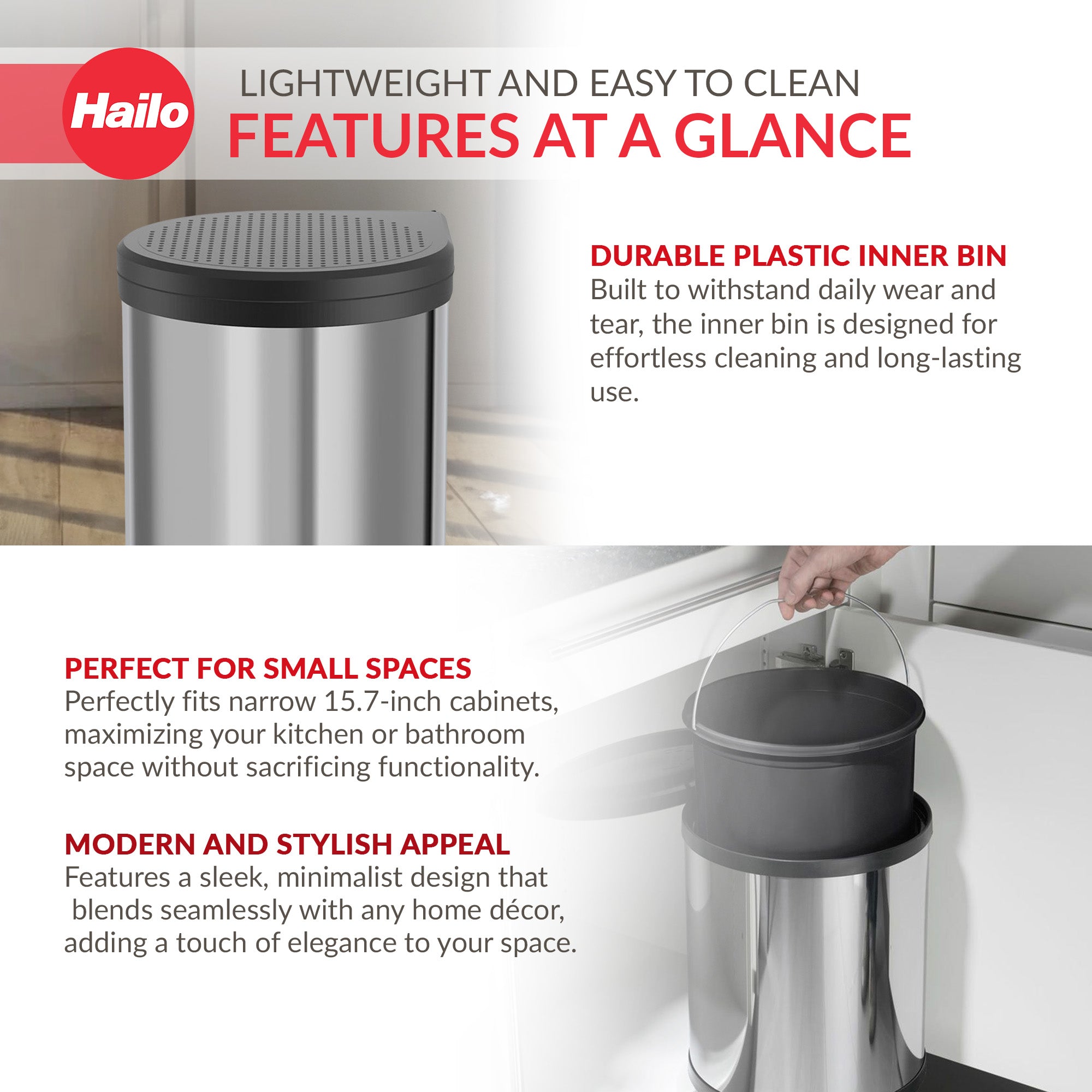 Hailo Compact-Box M Trash Can, 4 Gallon, Lid-Lift, Small Kitchen Bin, Steel - Smart-nests