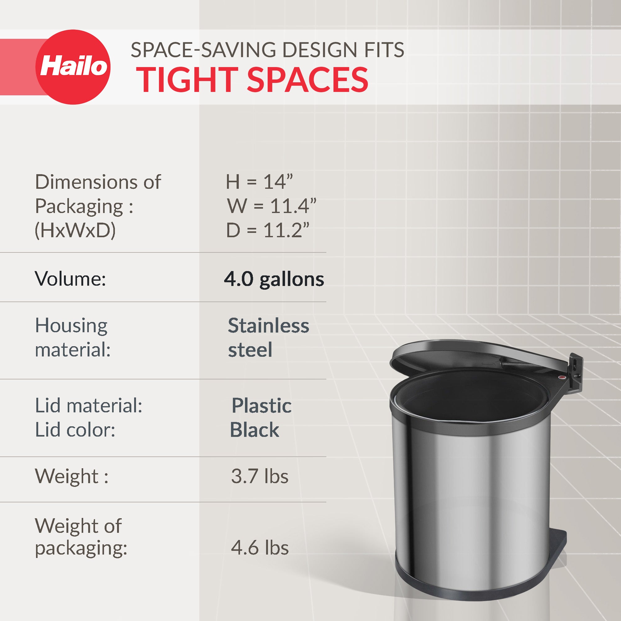 Hailo Compact-Box M Trash Can, 4 Gallon, Lid-Lift, Small Kitchen Bin, Steel - Smart-nests