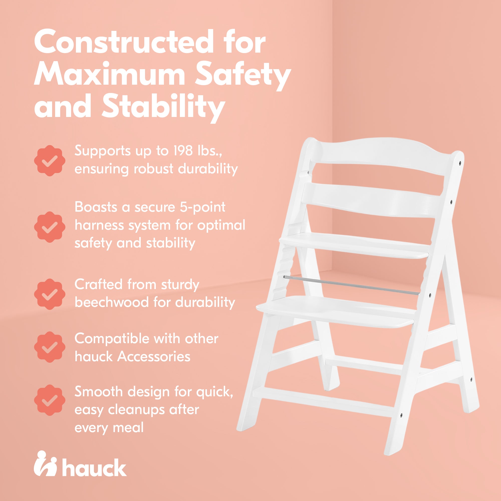 hauck Alpha+ Grow Along Adjustable Wooden Baby High Chair Seat, Beechwood, White