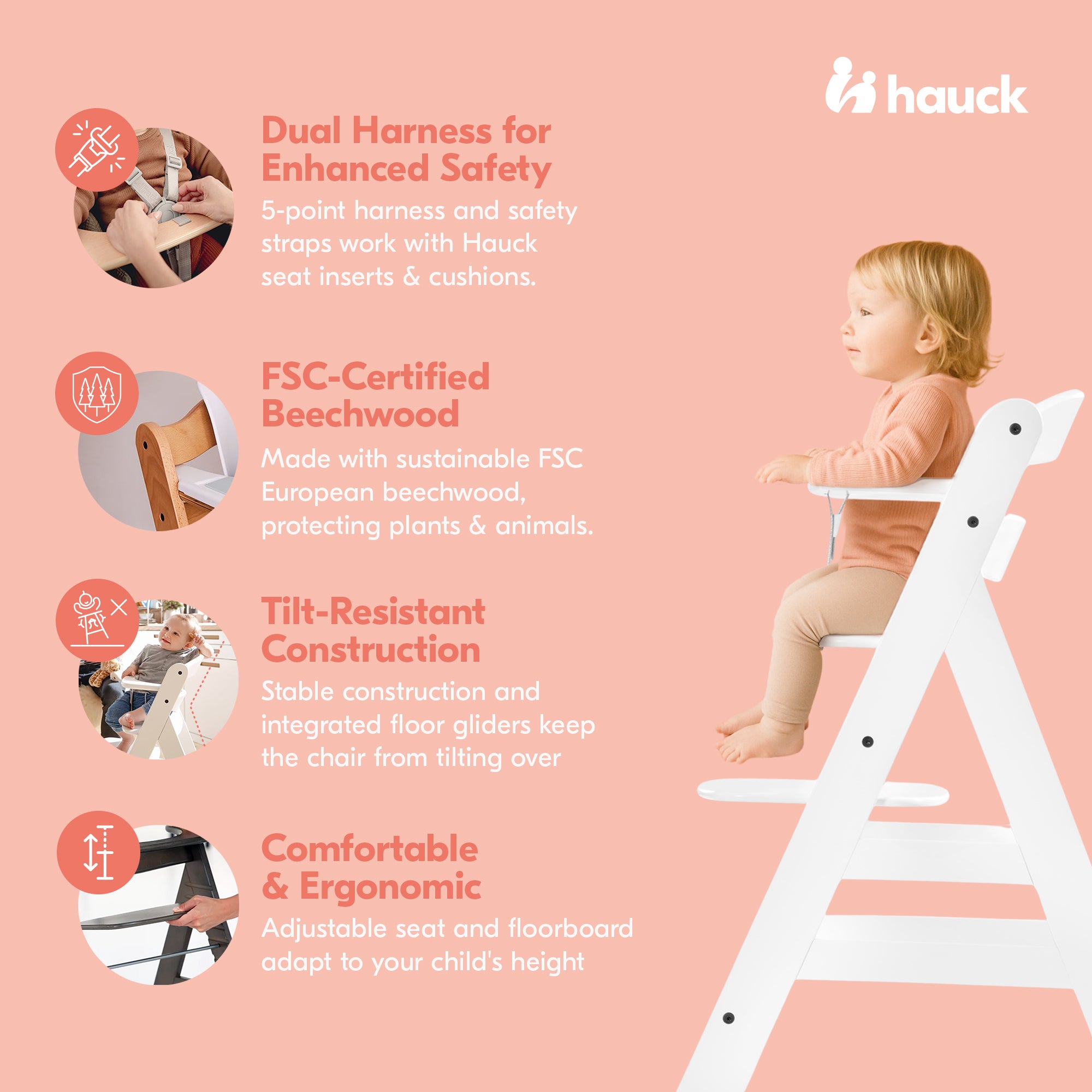 hauck Alpha+ Grow Along Adjustable Wooden Baby High Chair Seat, Beechwood, White