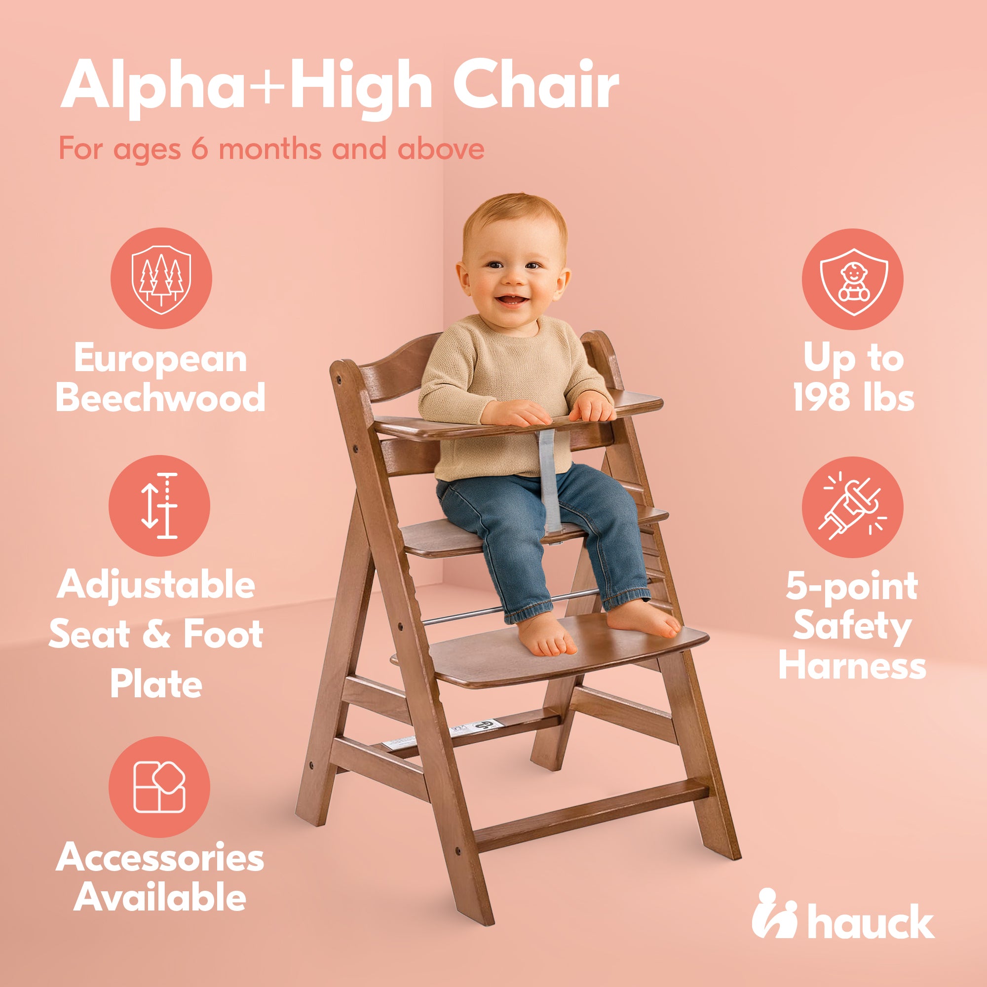 hauck Alpha+ Grow Along Adjustable Wooden Booster High Chair, Beechwood, Walnut - Smart-nests