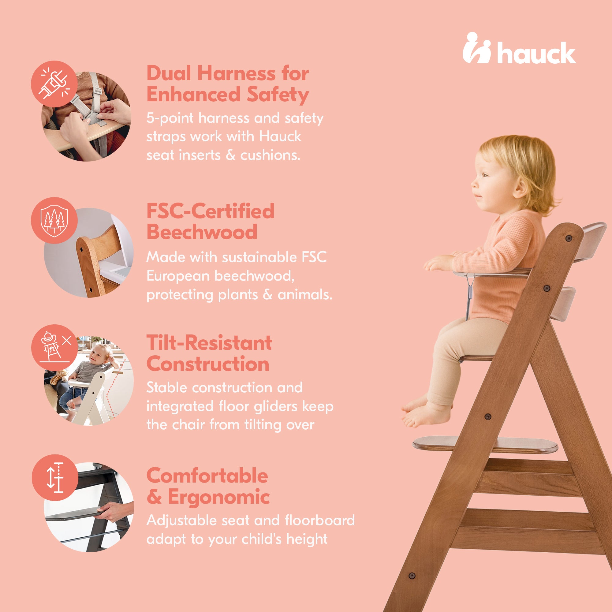 hauck Alpha+ Grow Along Adjustable Wooden Booster High Chair, Beechwood, Walnut - Smart-nests